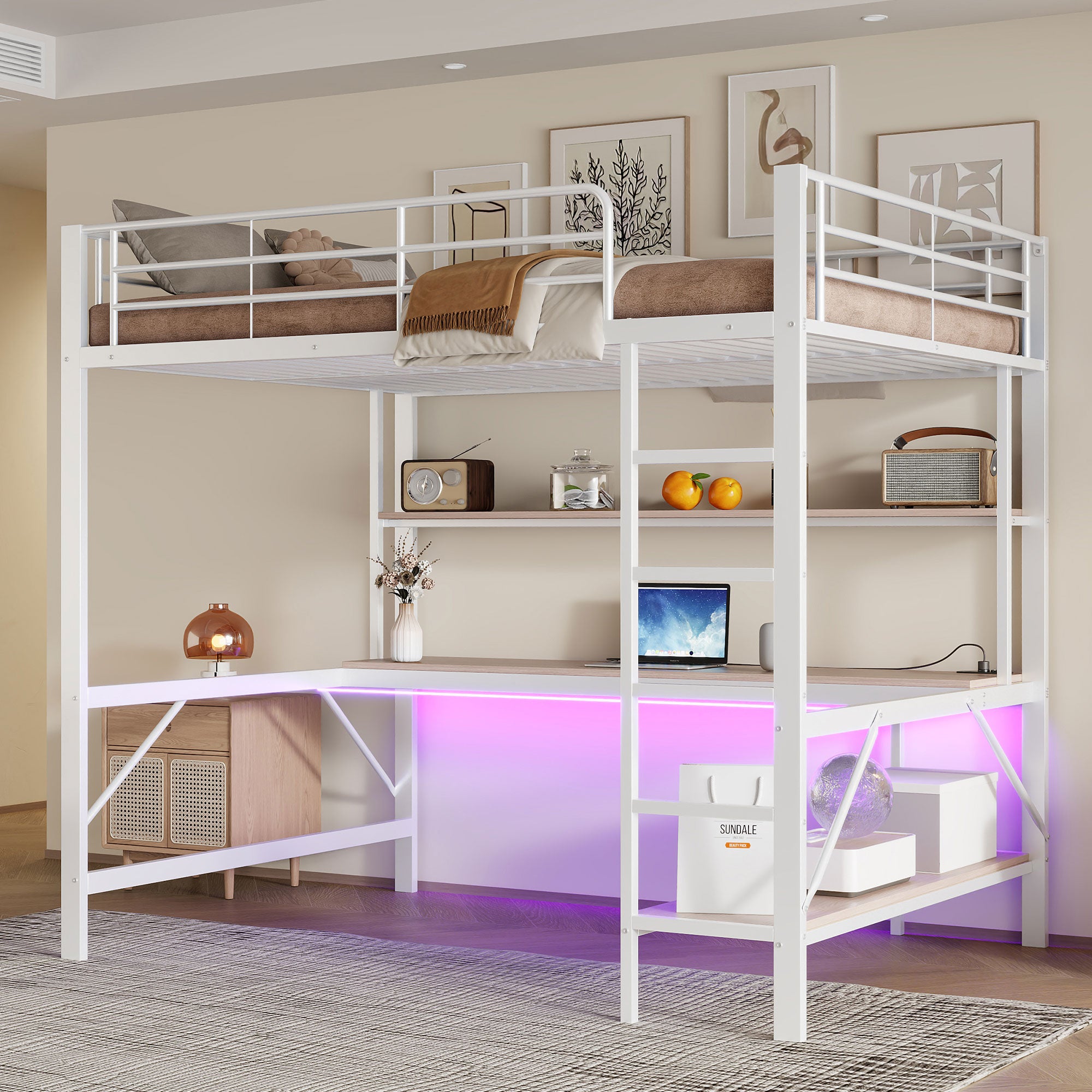Łóżko piętrowe 140 x 200 cm, barierka, drabinka, z portem USB i gniazdkiem elektrycznym, z oświetleniem LED, bez materaca, metalowe, białe
