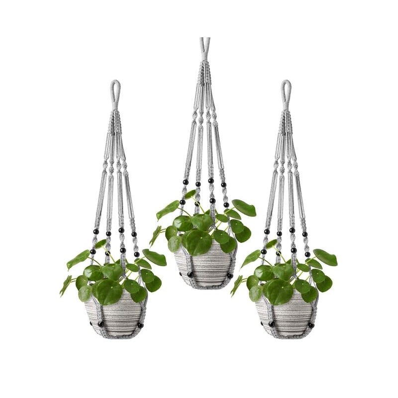 Zestaw 3 wiszących uchwytów na doniczki do użytku na zewnątrz i wewnątrz, wiszący kosz z koralikami, 89 cm, szary