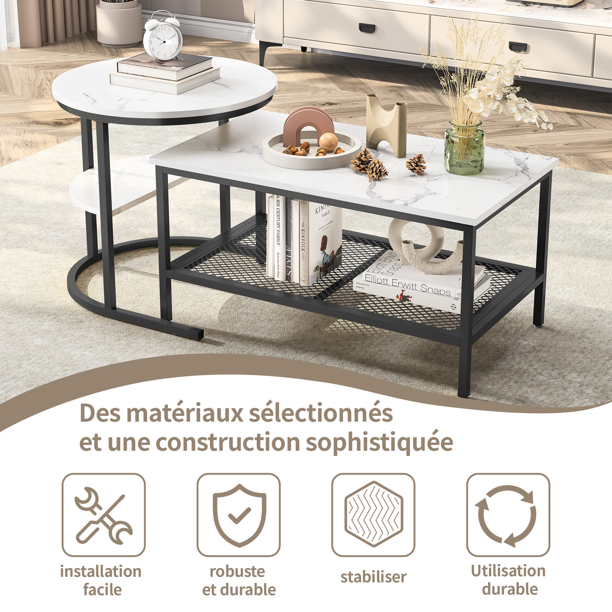 Tables Basses Gigognes Lot de 2,Table Gigogne Design Marbre, Cadre en Métal Noir, Table d'Appoint,Tables Basse Salon Rectangulaire pour Canapé,Chambre - 5