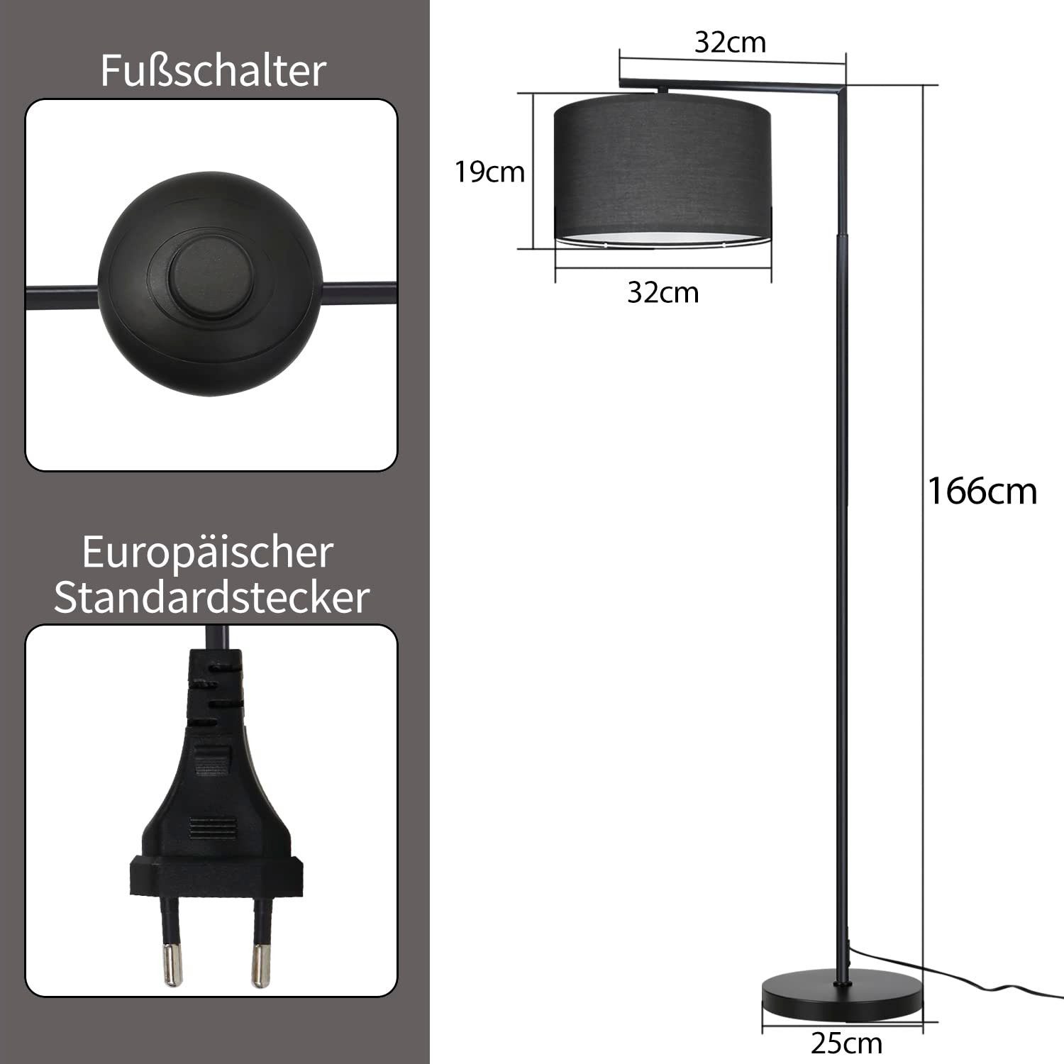 NETTLIFE Czarna lampa podłogowa do salonu: nowoczesna designerska tkanina, gniazdo E27 o mocy max 40W z włącznikiem nożnym - 5