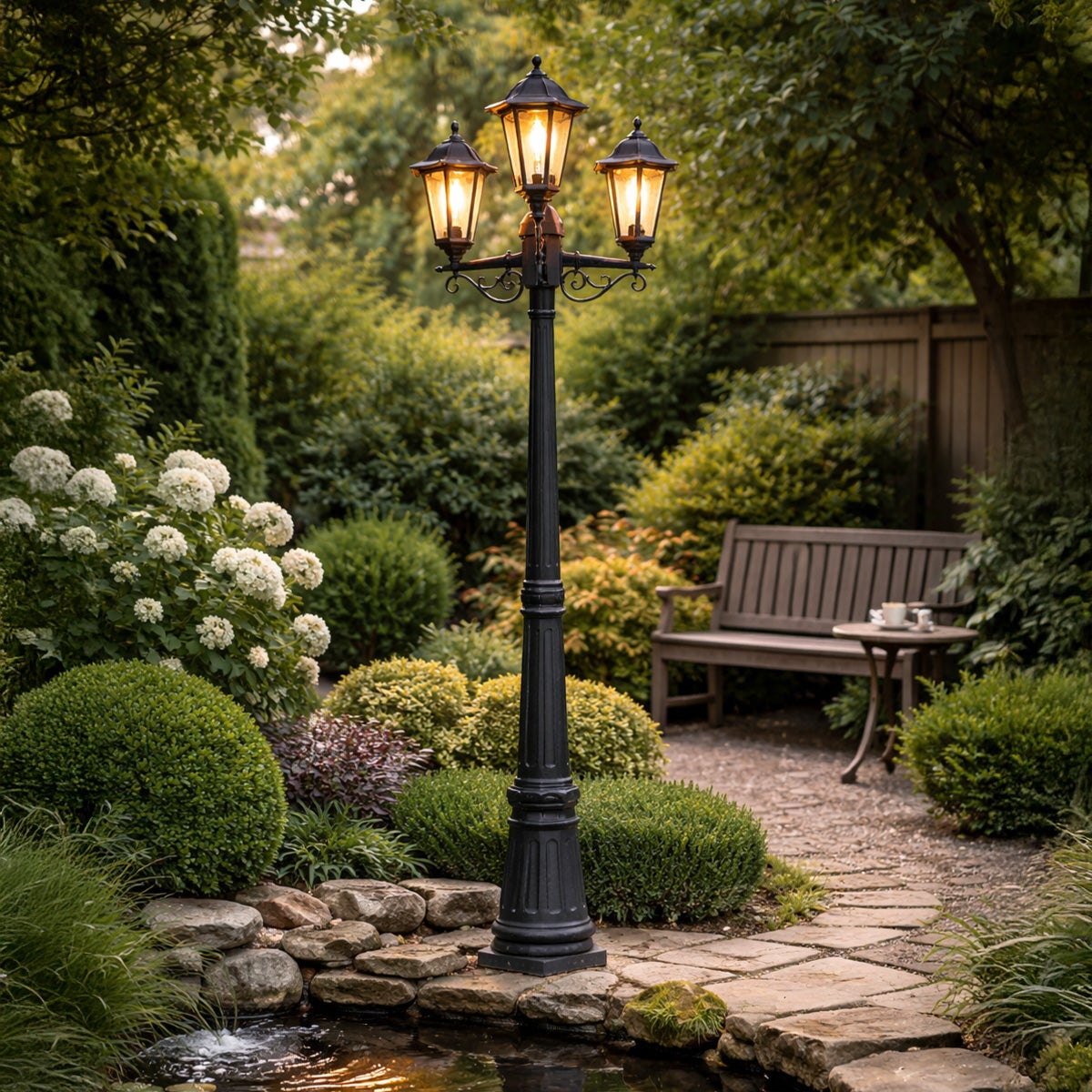 Qazqa classic-antique lanterne extérieure pour jardin - New Haven - noir, max. 15w, e27, 216.5cm, IP44, à 3 lumières - 2