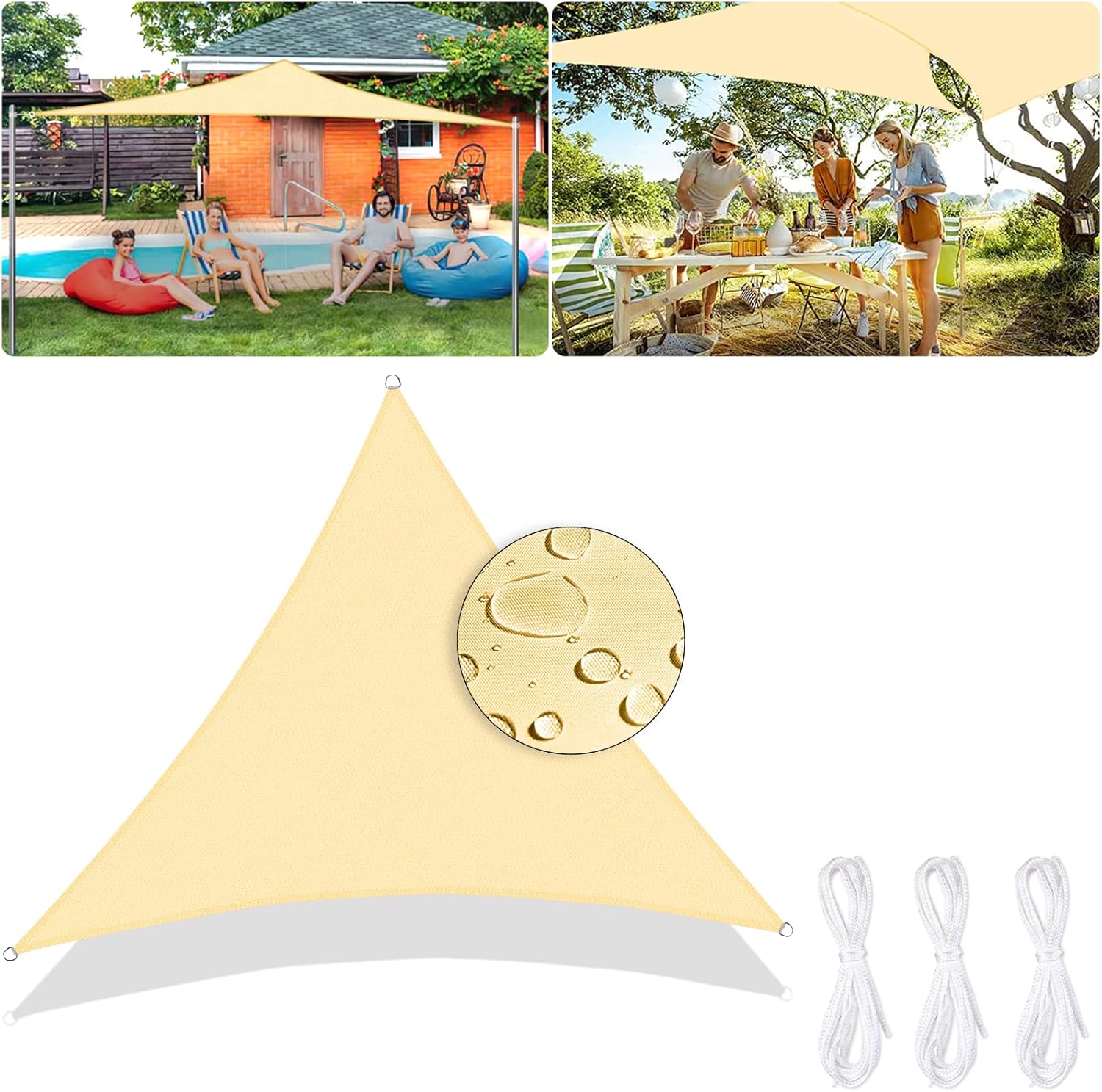 Trójkątny żagiel przeciwsłoneczny 2 x 2 x 2 m – wodoodporny i wiatroodporny – z ochroną UV do ogrodu, na patio, na zewnątrz, na kemping – beżowy