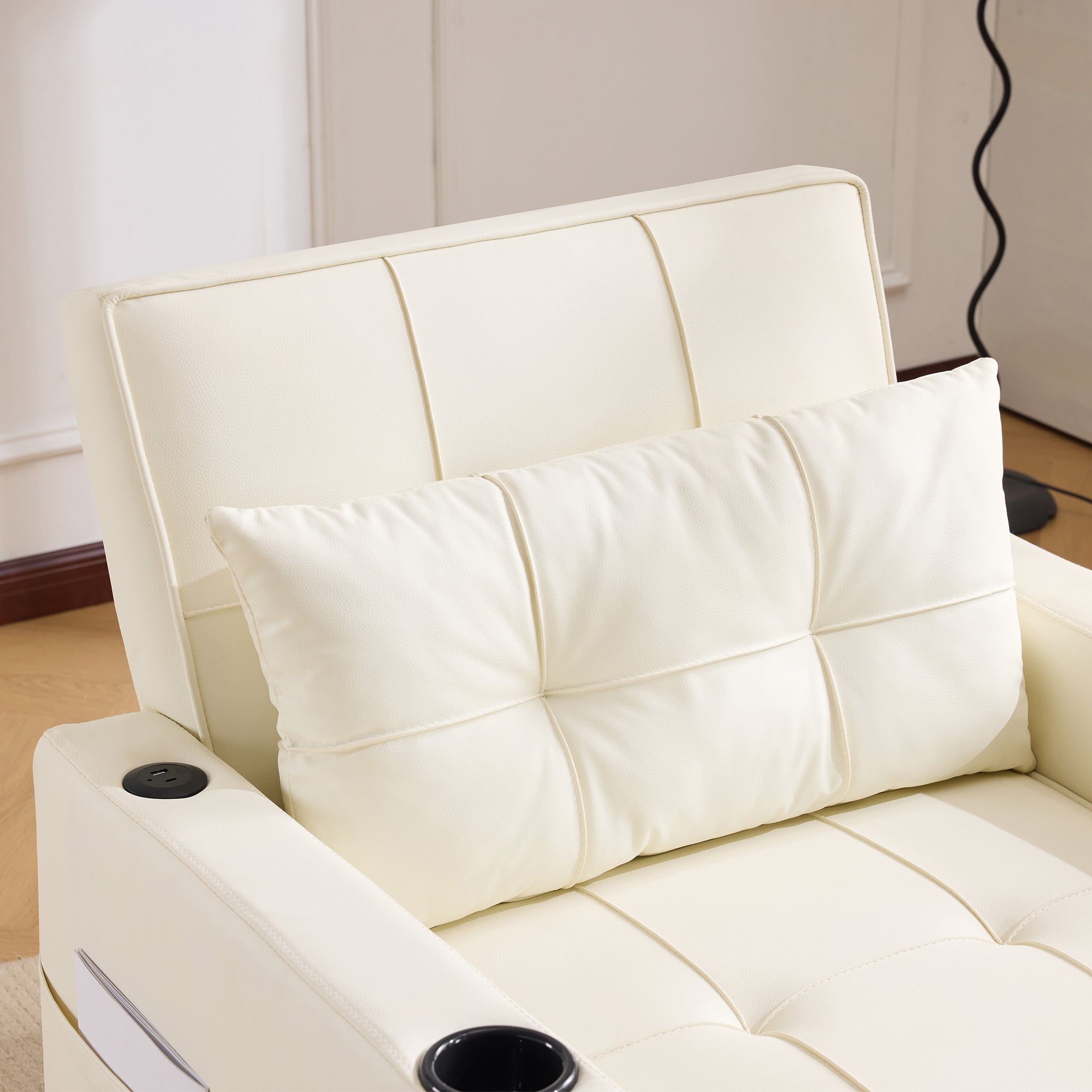 Canapé-lit simple convertible 3 en 1 avec porte-gobelets et port USB , Fauteuil avec 1 Oreiller, Poche de Rangement Latérale, Beige - 4