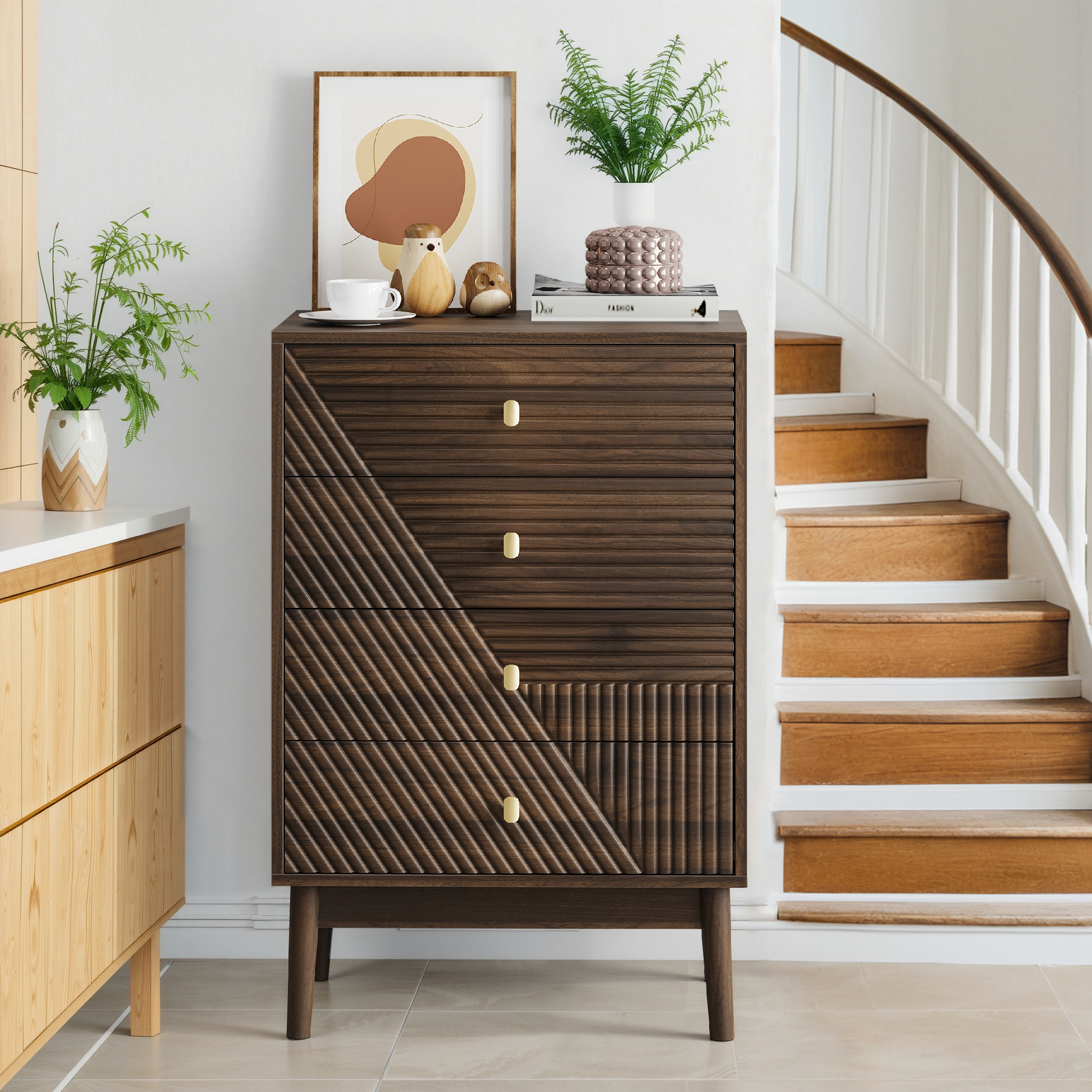 Cómoda de nogal con 4 cajones, diseño moderno, ideal como tocador y almacenamiento para salón, dormitorio o pasillo.