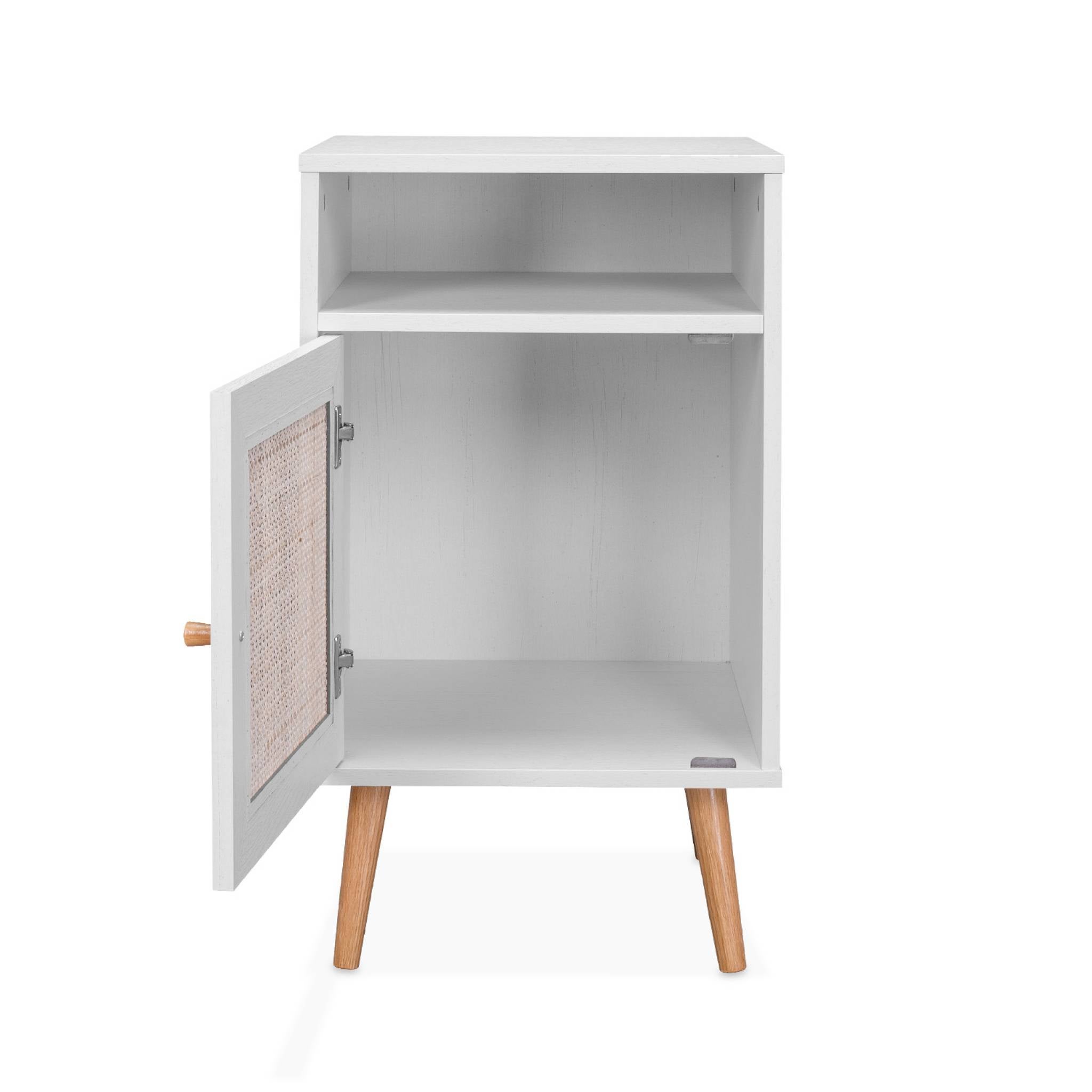 Table de chevet décor bois blanc en cannage - Bohème - 40x39x70cm. blanc - 2 niveaux - 1 porte - 1 espace de rangement - pieds scandinaves - 6