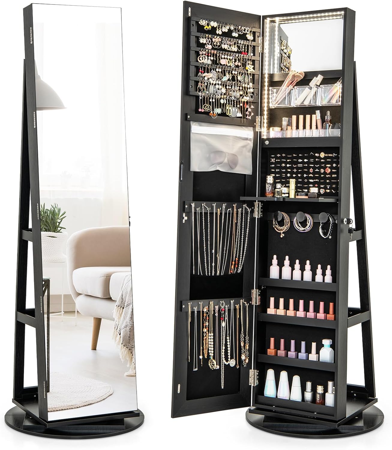 Armoire a Bijoux avec Miroir sur Pieds - RELAX4LIFE - 12 Lumières LED - 3 Angles Réglables - Étagère Inférieure - Noir - Maison