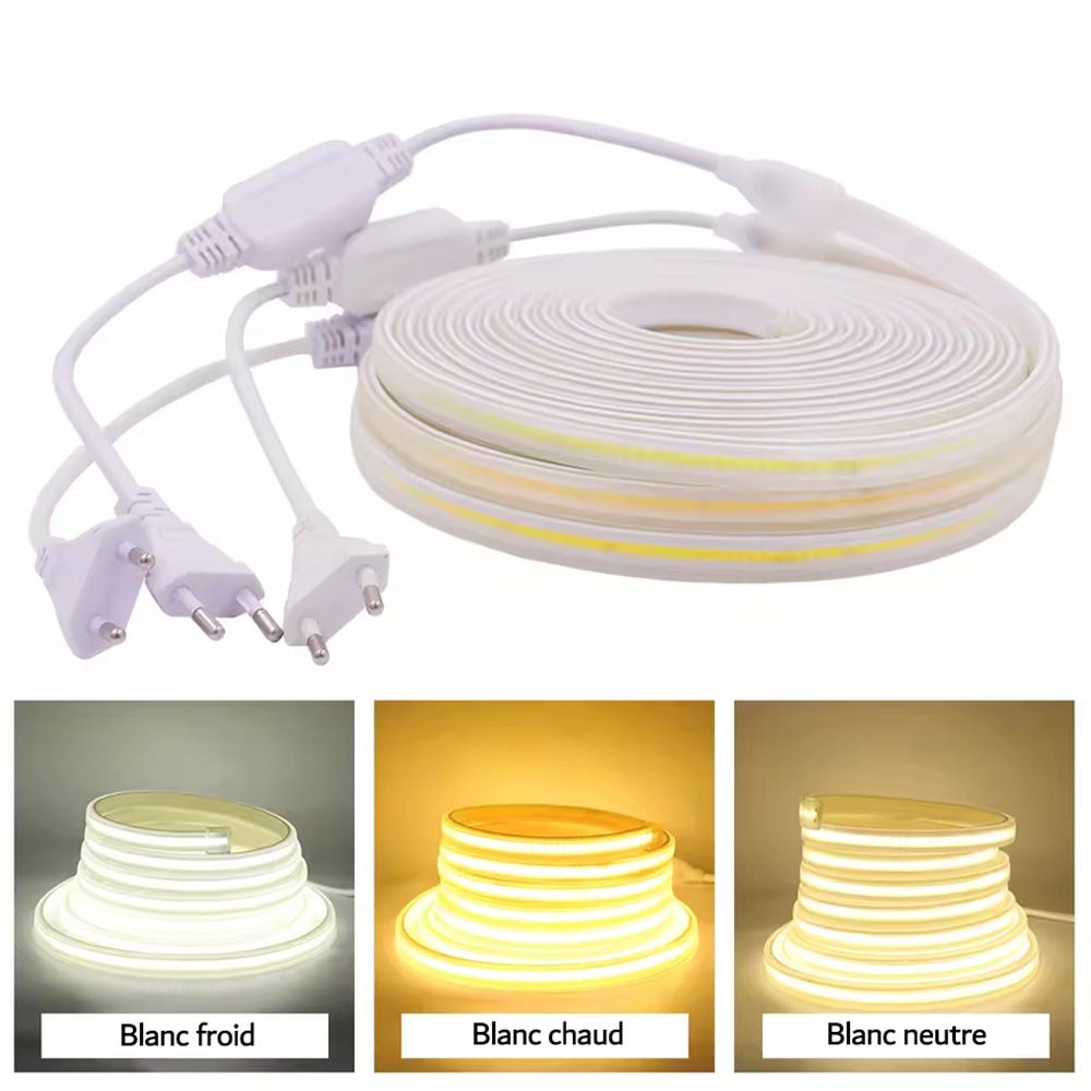 Ruban LED 220V AC COB Silicone FLEX IP65 - 1 Mètre 6000K Blanc froid ...