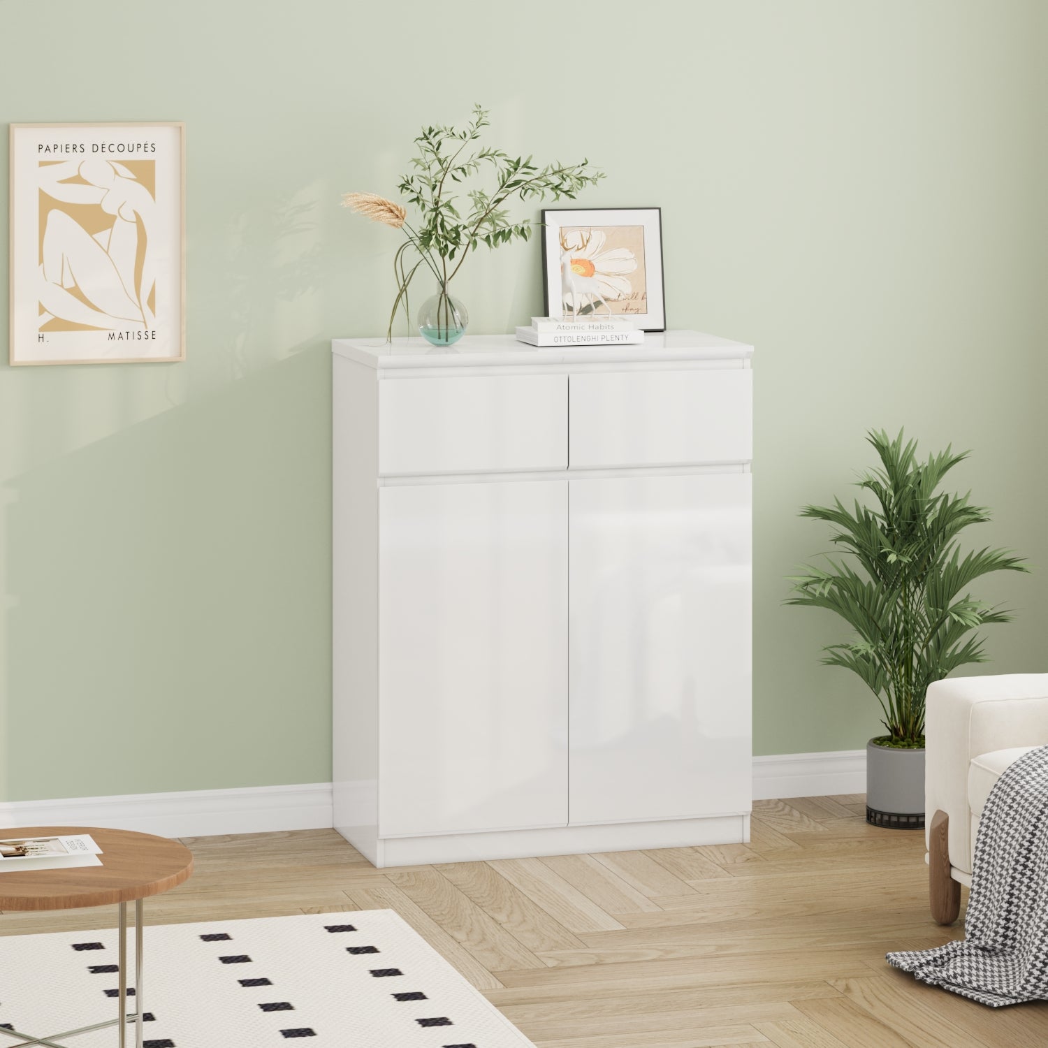 Buffet de Salon avec 2 Portes et 2 Tiroirs, Petit Rangement de Chambre sans Poignée, 80 x 40 x 103, Blanc Brillant - 7