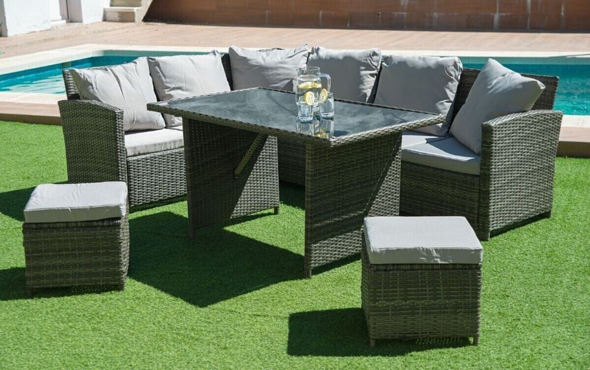 Saldos Y Stocks  Sofa Rinconera + Mesa + 2 Puffs De Ratan Pe. Muebles De Jardin Y Terraza, Gris , Leroy Merlin