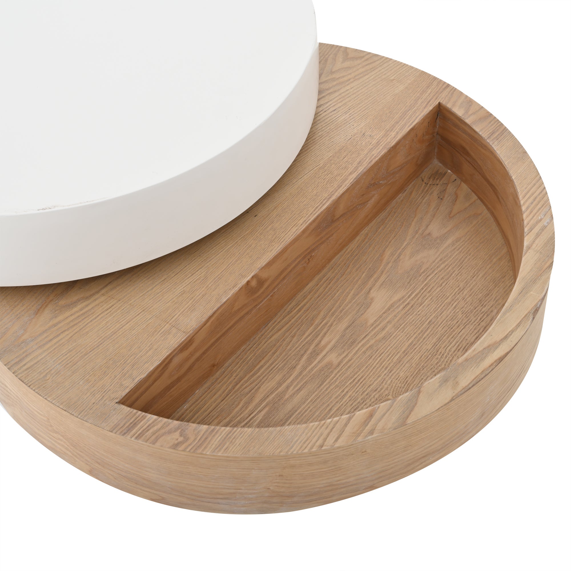 Table basse ronde pivotante 60 x 60 x 35,1 cm avec plateau rotatif 360°, rangement intégré, 3 niveaux, blanc et bois naturel - 9