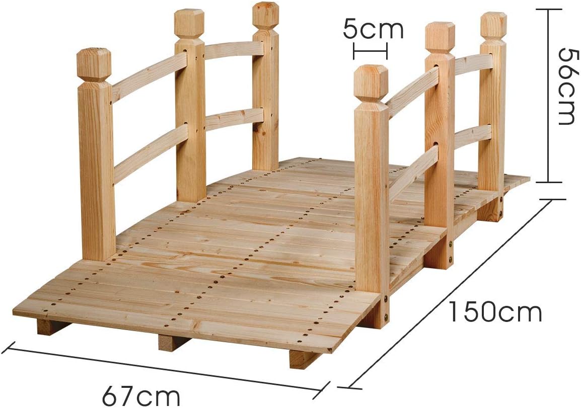 &nbsp;Pont de Jardin en Bois avec Balustrades 150 x 67 x 56 cm Charge 150 kg Max, Beige - 3