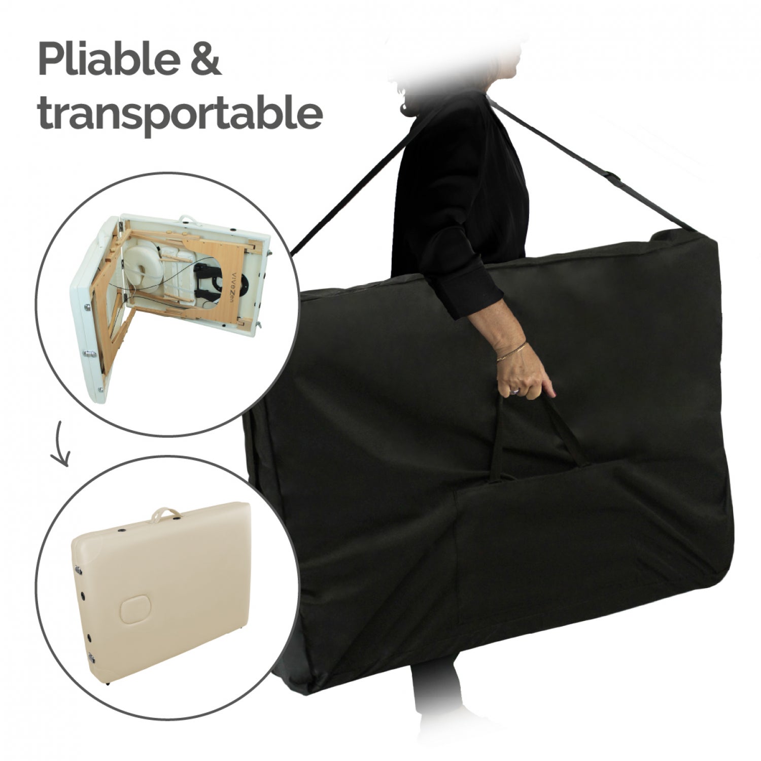 Table de massage pliante 2 zones en bois avec panneau Reiki + Accessoires et housse de transport - Beige - Vivezen - 5