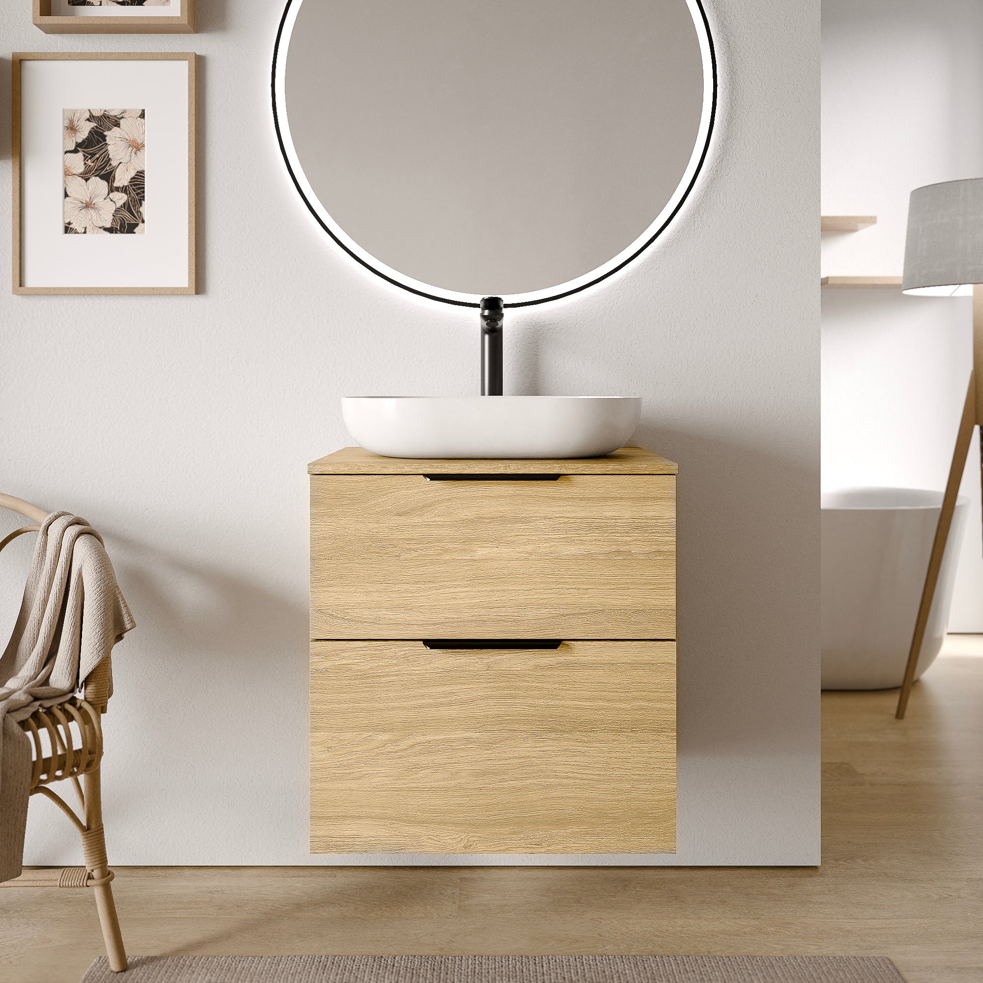 Mobile Lavabo Da Bagno Grigio Rovere 65x33x60 Cm In Truciolato – 2 Cassetti E Un'anta, Piedini In Legno E Design Pratico Per Tenere In Ordine