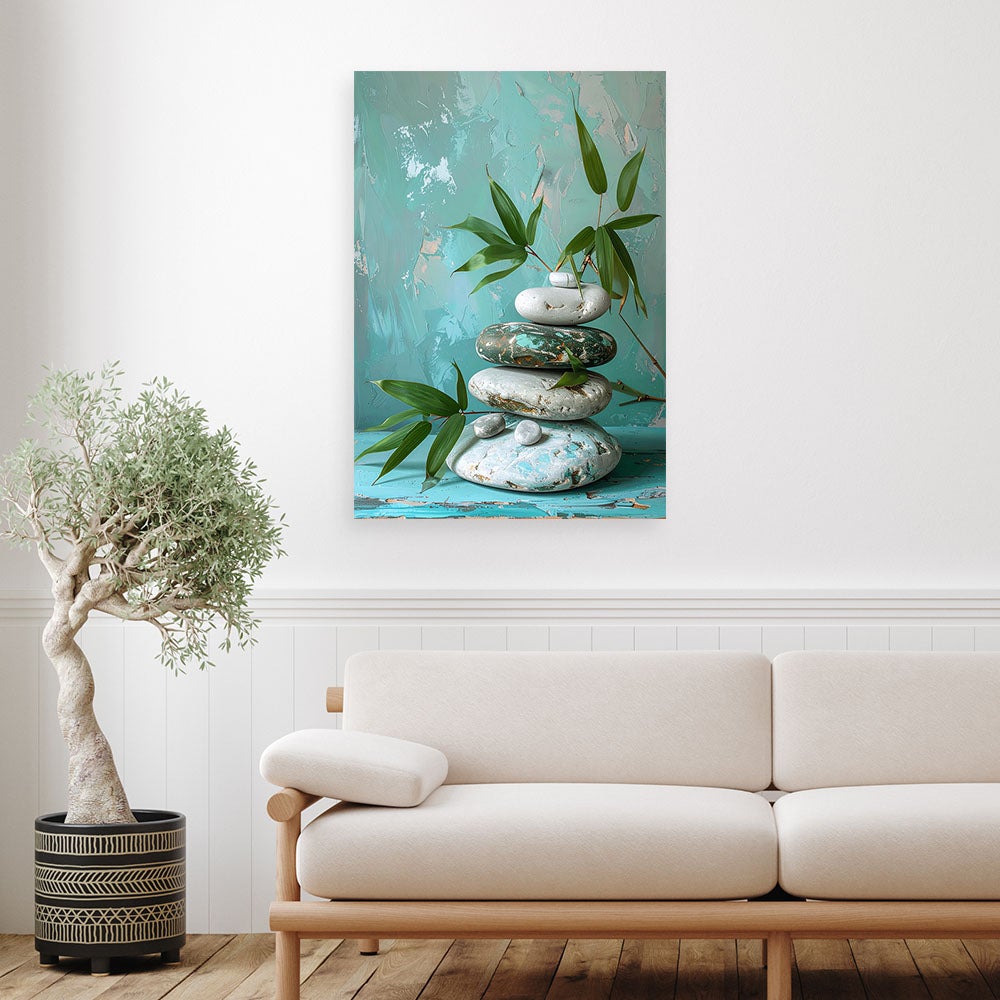 Obraz do salonu sypialni, Kamienie zen spa liście w odcieniach turkusu 20x30