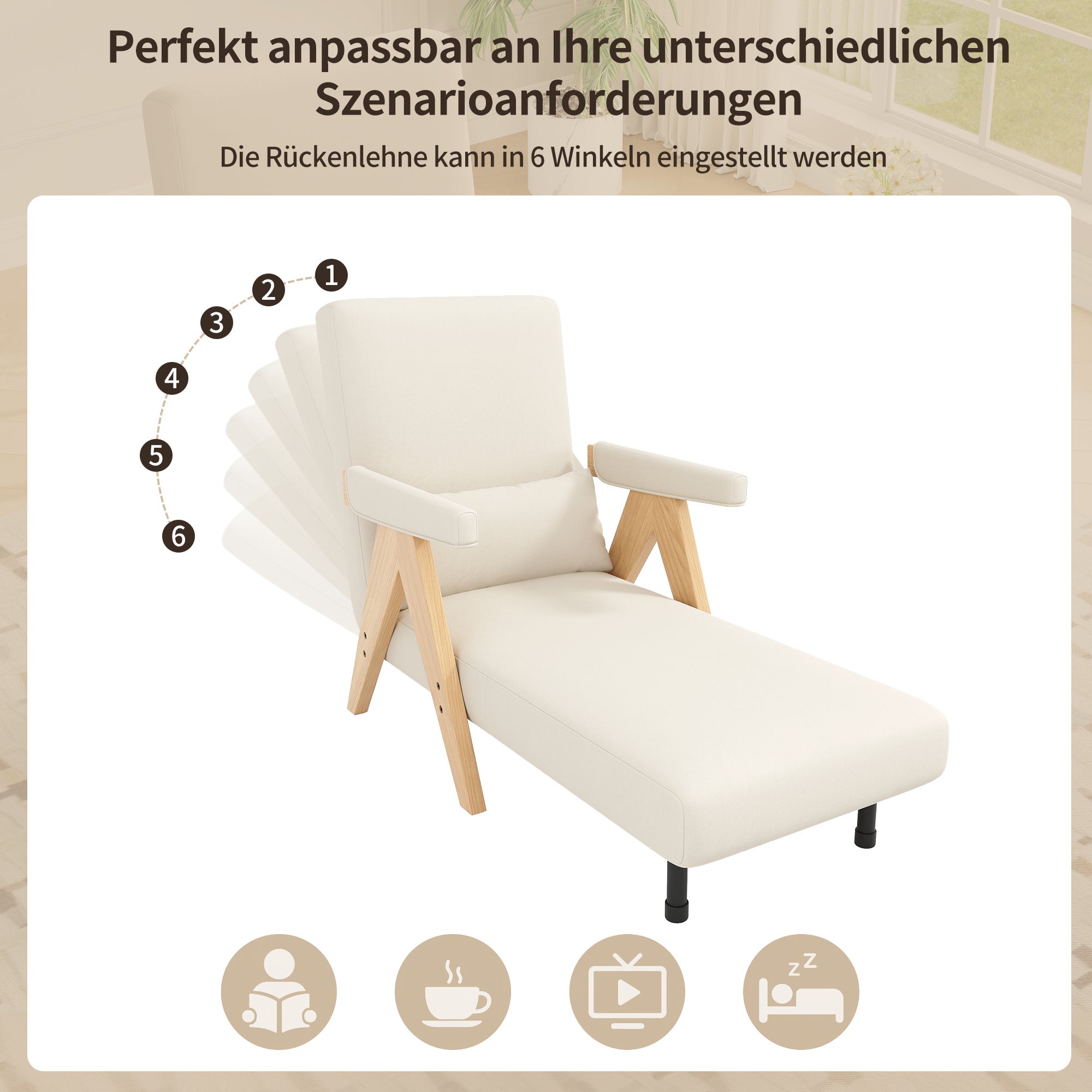 Fauteuil convertible 1 place, Chauffeuse 4-en-1 Dossier Réglable 6 Position, Canapé-Lit - 64 x 60 x 87 cm - Tissu en lin - Beige - 6