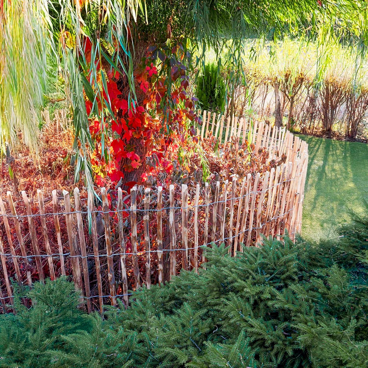 BOGATECO Clôture à piquets noisette châtaignier | Clôture en bois de 120 cm de haut et 500 cm de long | Espacement des lattes 7-8 cm | Durable - 9