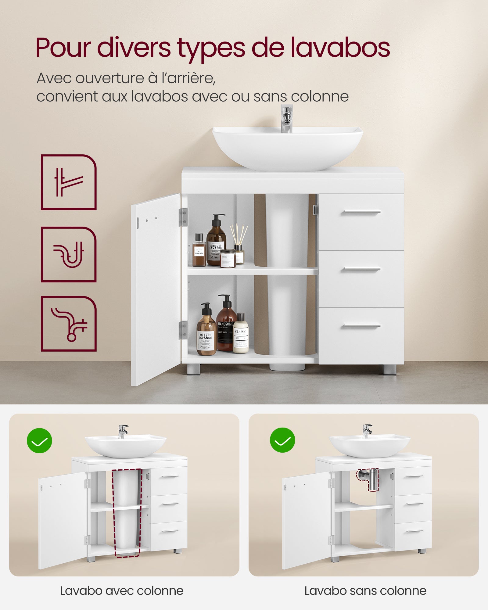 Meuble sous Lavabo, 3 Tiroirs Latéraux, 2 Compartiments Derrière la Porte, avec Pieds, 30 x 70 x 64 cm, Blanc Nuage - 3