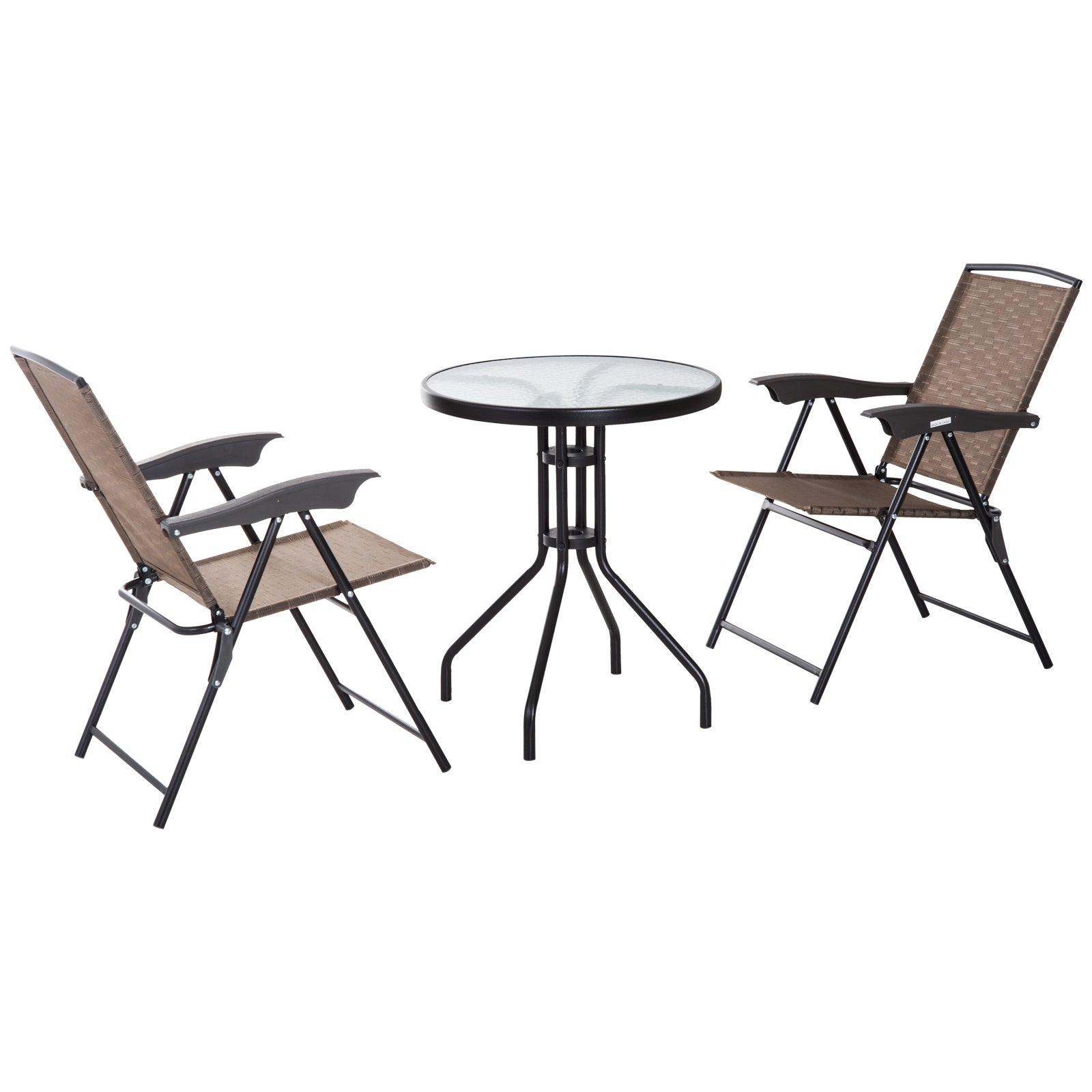 Ensemble Jardin 3 pièces : 2 chaises inclinables multi-positions pliables + table ronde verre trempé, métal/textilène, chocolat. - 2