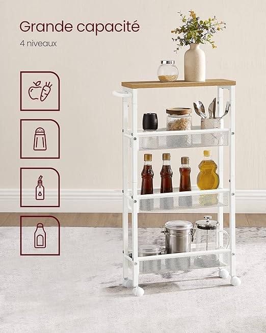 Desserte 4 Niveaux, Étagère de Cuisine Fin avec roulettes, Desserte Mobile, Cadre en Acier, Poignée, Petit Espace, Couleur Chêne et Blanc - 4