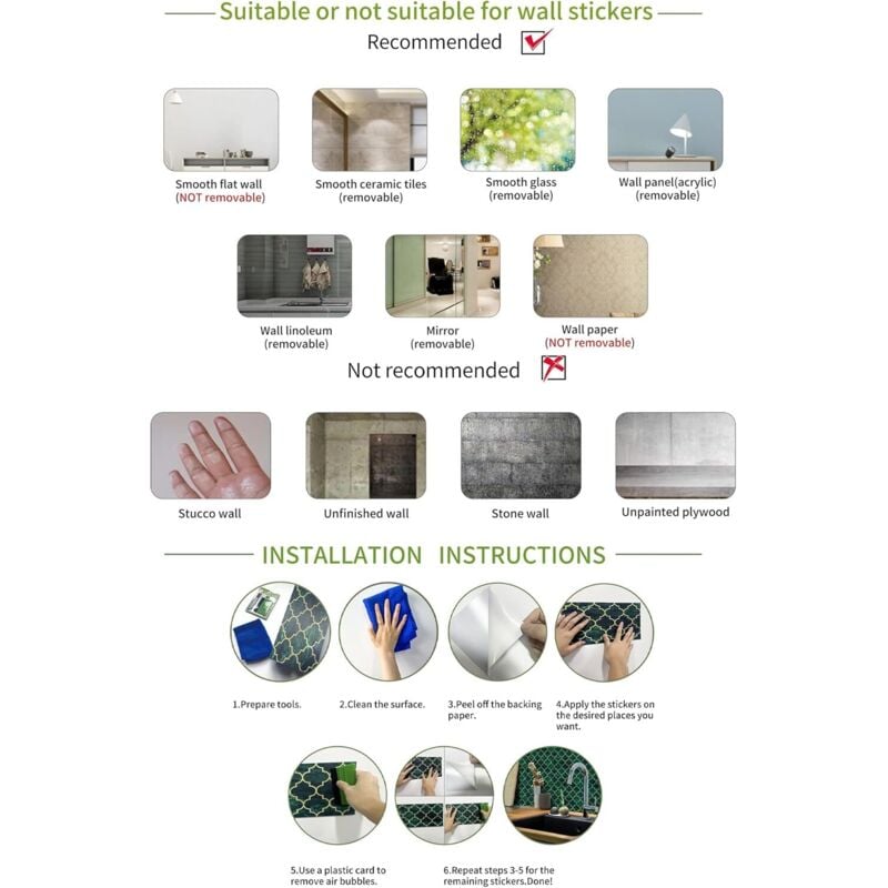 Autocollants pour carrelage mural et sol, autocollants antidérapants pour cuisine et salle de bain, vert sauge, 30 x 15 cm, lot de 12 pièces - 5