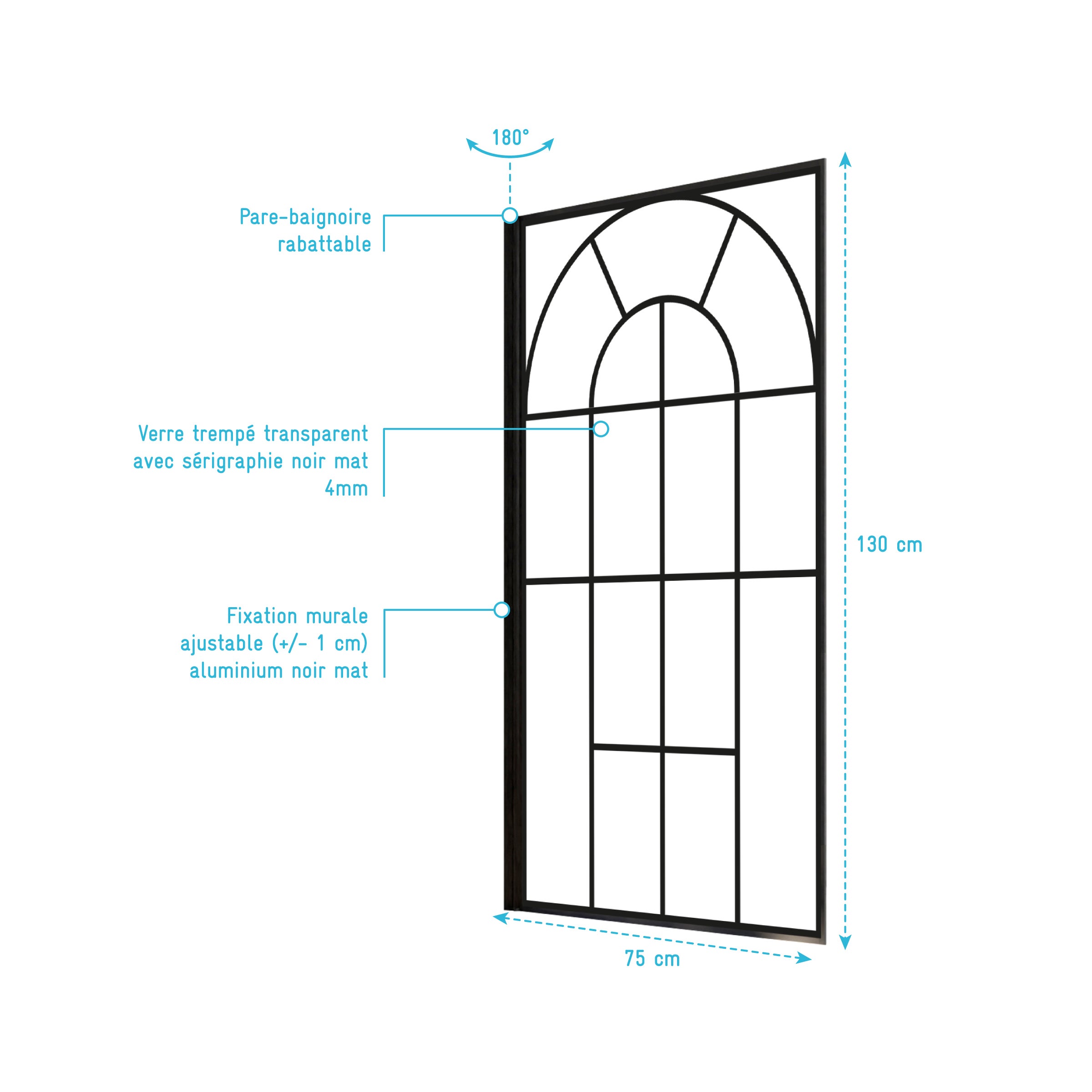 Pare Baignoire Déco 75x130 cm - Verre Trempé 4 mm Sérigraphie Verrière - Profilé Noir Mat - 4