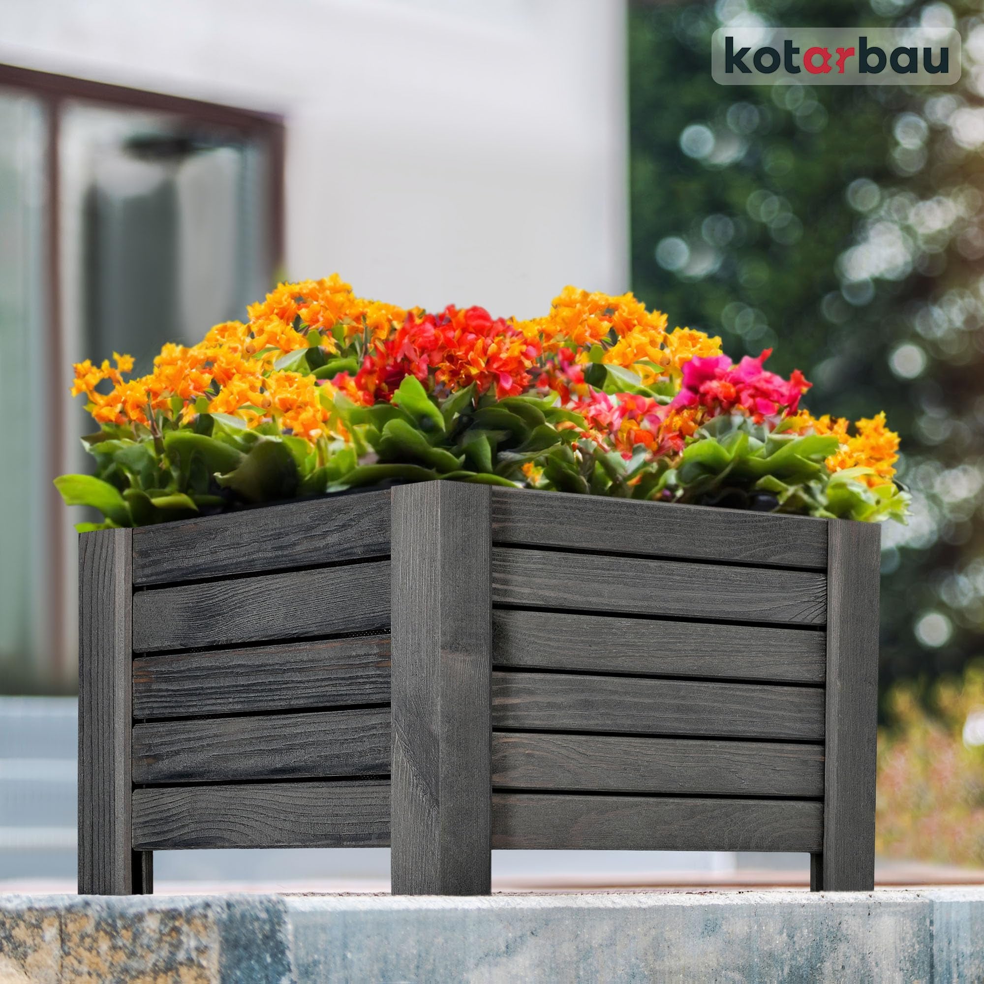 KOTARBAU Pot de fleurs en bois 38 x 38 x 30 cm Jardinière en pin carbonisé Pot de plantes Jardinière - Idéal pour jardin terrasse balcon - Anthracite - 2