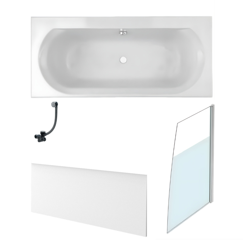 Bañera recta acrílica elise de 170 x 75 cm + mampara de baño con puerta lateral derecha + faldón para nicho + desagüe