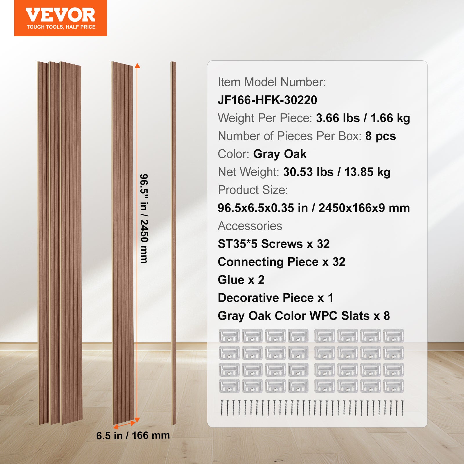 Panneau Mural Acoustique WPC VEVOR 2450x166 mm,Lot de 8,Effet Faux Bois,Réduction Bruit,Décoration Moderne,Chêne Gris - 7