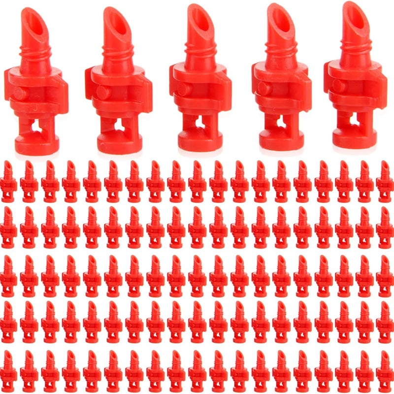 100 szt. 360-stopniowych automatycznych mikrozraszaczy do nawadniania ogrodu z automatycznym załamaniem w kolorze czerwonym