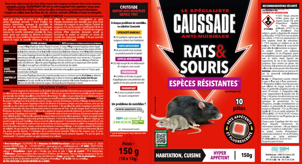 CAUSSADE Anti Rats & Souris - Lieux Secs & Humides - 20 Sachets Pâtes Fluorescents - Prêt Ã&nbsp;l'emploi - Fabriqué en France - 2x150g CARSPTFLUO150X2 - 2