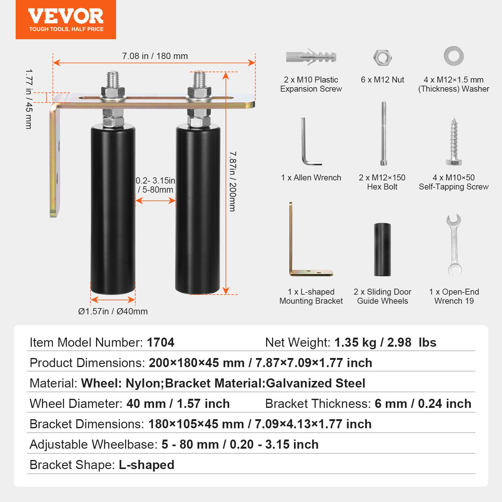 Kit Portail Coulissant,VEVOR Quincaillerie Porte Roulante,Support Forme L,Rouleaux Guidage Robustes Réglables,pour Portails Coulissants,Noir - 7
