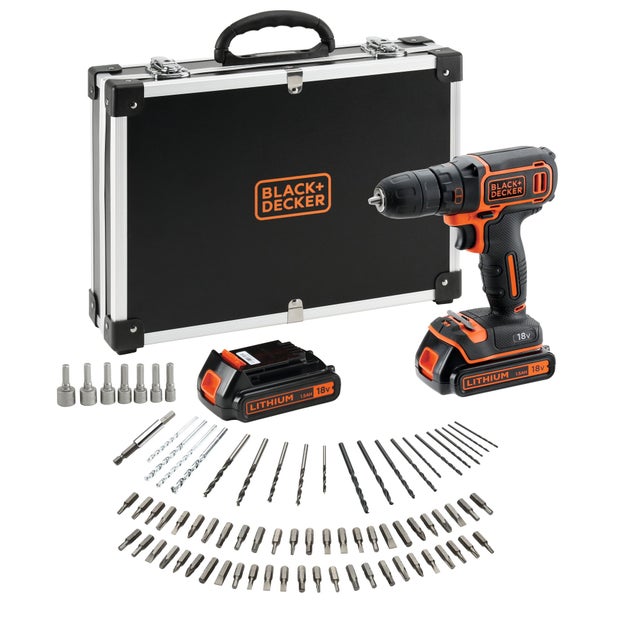 BLACK + DECKER BDCDC18BAFC - Perceuse-visseuse - Batterie Li Ion 2x18 V + 80 accessoires - Orange