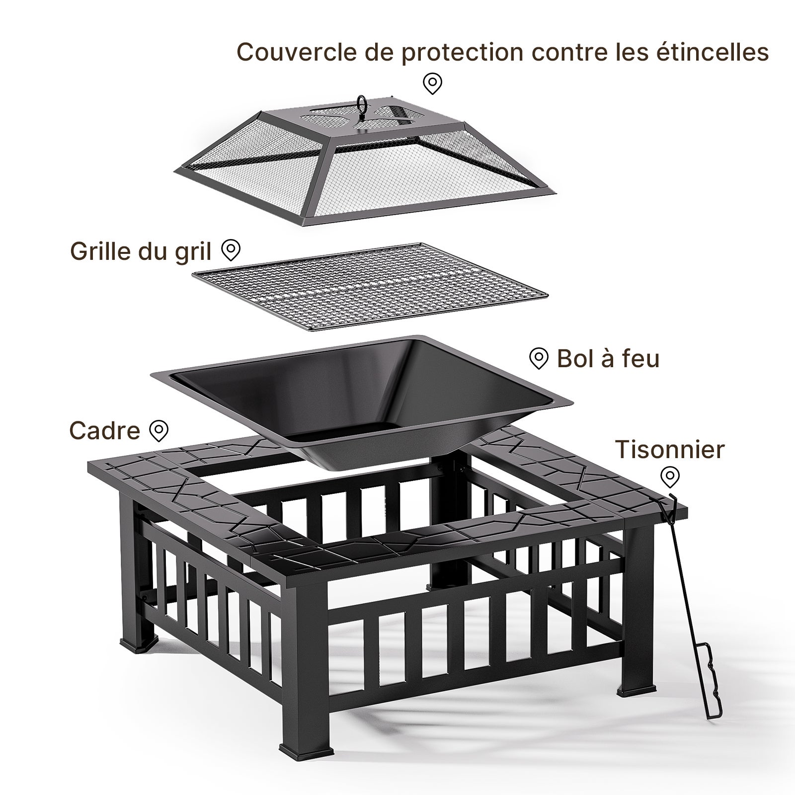 Brasero Extérieur Carré Acier 81 x 81 x 48 cm- 3 en 1 avec Fonction Barbecue&nbsp;avec Grille Tisonnier et Couvercle Bealife - 5