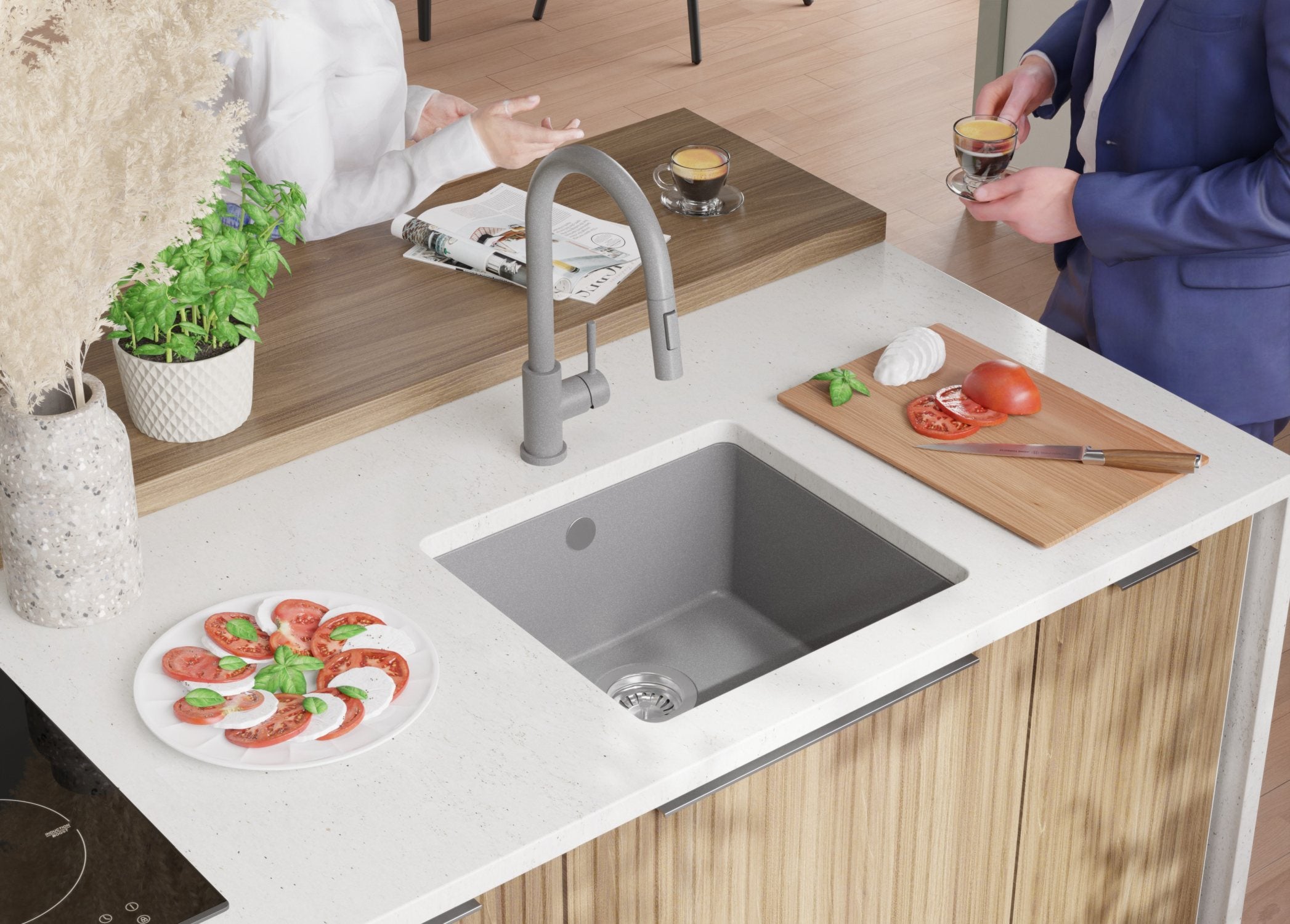 Evier Sous Plan Gris 46x44cm, Evier en Granit 1 bac + Kit de Vidage, Évier au meuble 50cm - Venise Easy PRIMAGRAN - 4