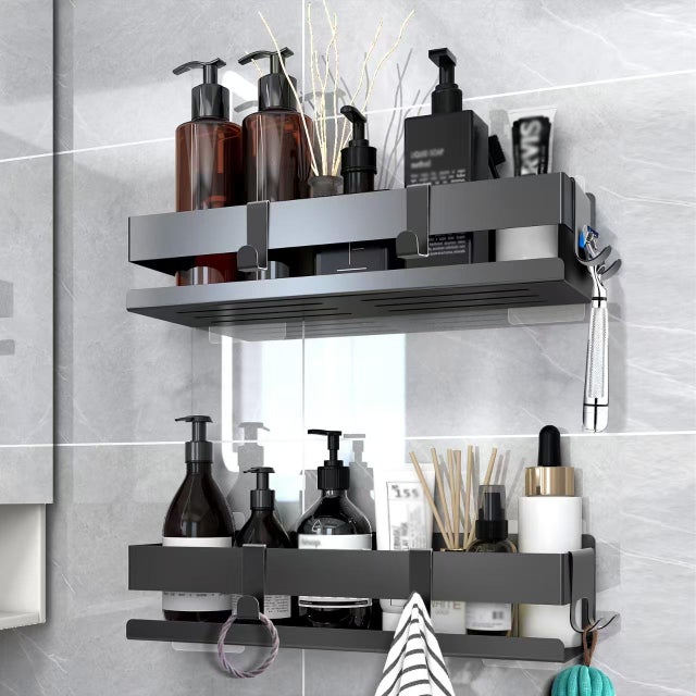 Estantes de ducha de pared de aluminio - Sin taladrar ni atornillar, 2 piezas, 7×31×9 cm, Almacenamiento de baño con ganchos extraíbles