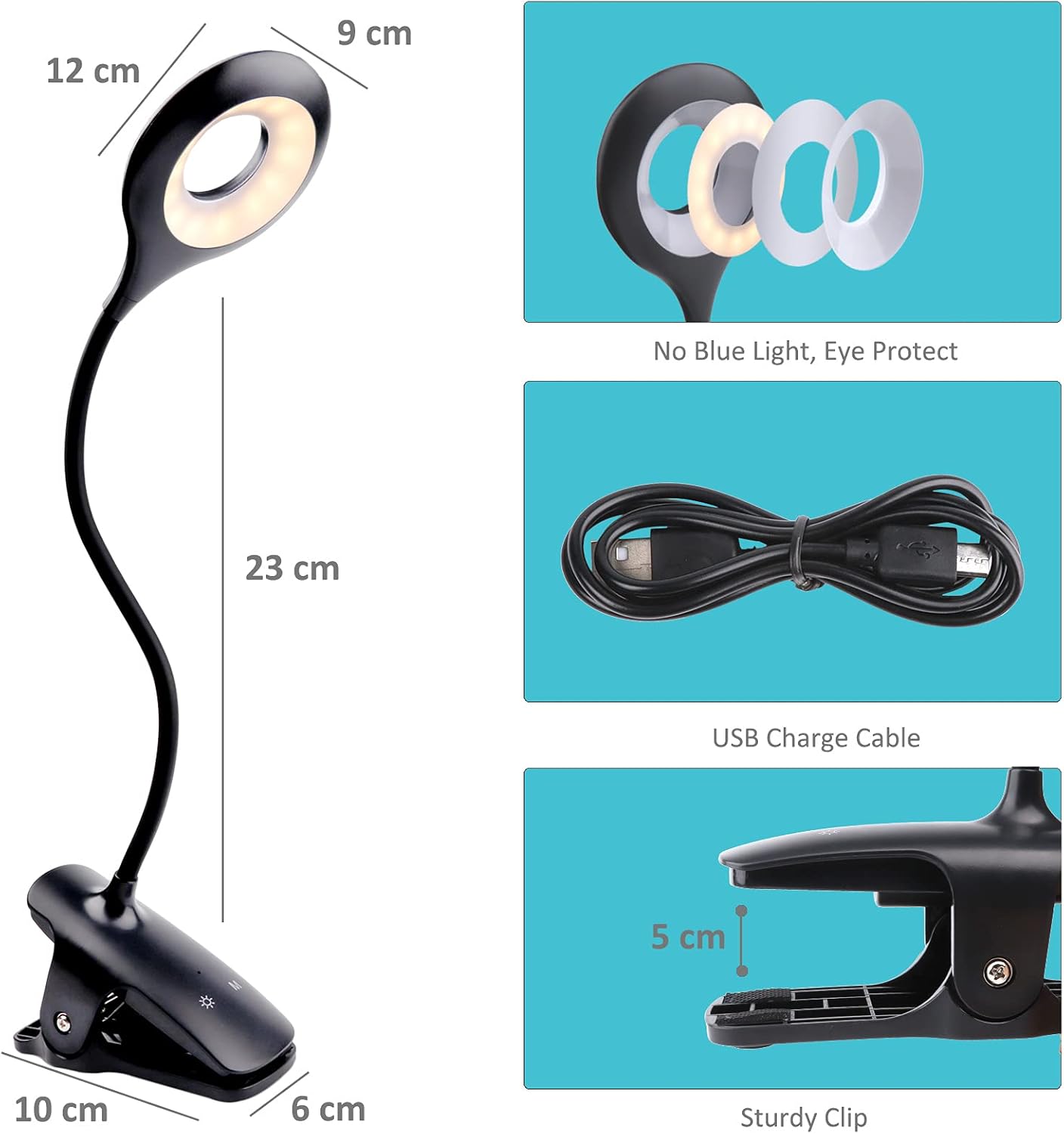 Lampka biurkowa LED – dotykowa lampka nocna z klipsem – 3 kolory i 3 poziomy ściemniania – 1 opakowanie – czarna - 4