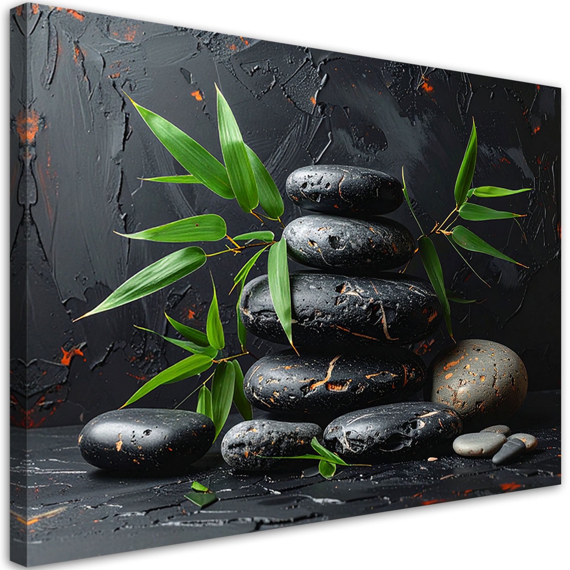 Obraz do salonu sypialni, Czarne kamienie zen spa liście na czarnym tle 60x40