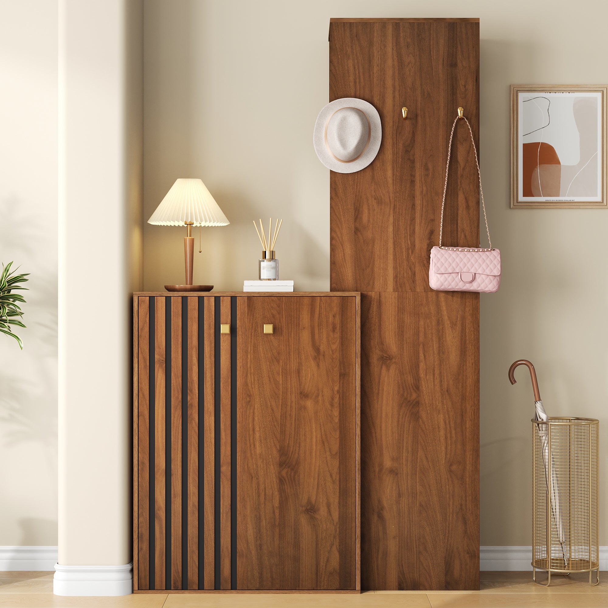 Zestaw szafek na buty z 2 drzwiami, wieszakami i drążkiem na ubrania - 115 x 38,5 x 191,5 cm - MDF - Orzech