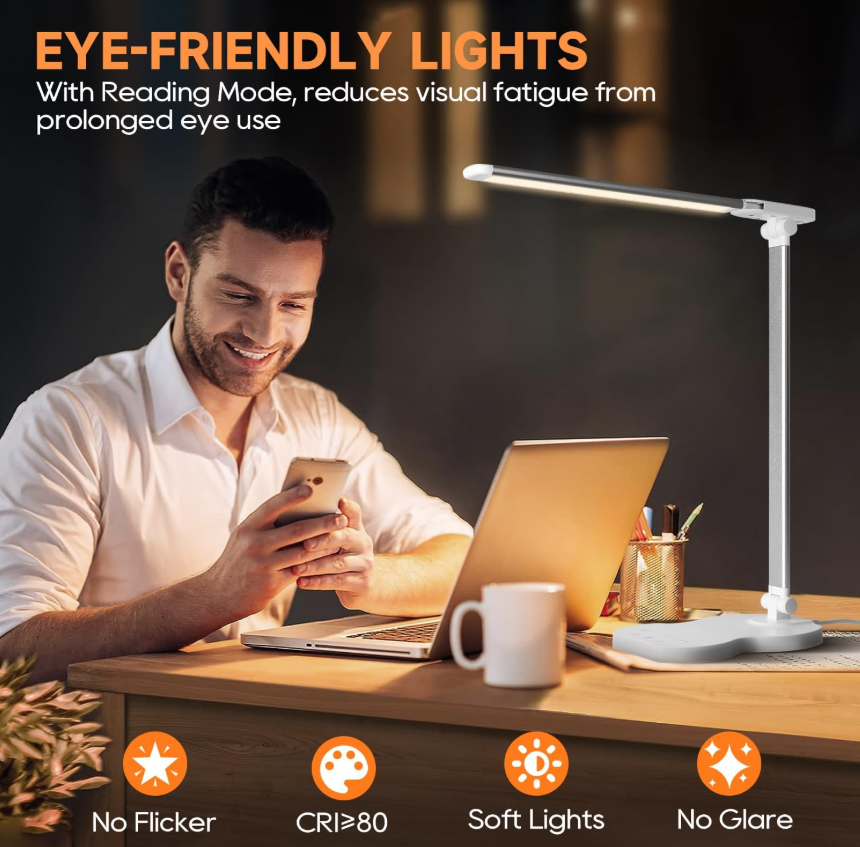 Lampe de bureau LED réglable, 5 couleurs et 10 niveaux de luminosité, lampe de lecture tactile avec minuterie 45 min, lampe de table LED - 4