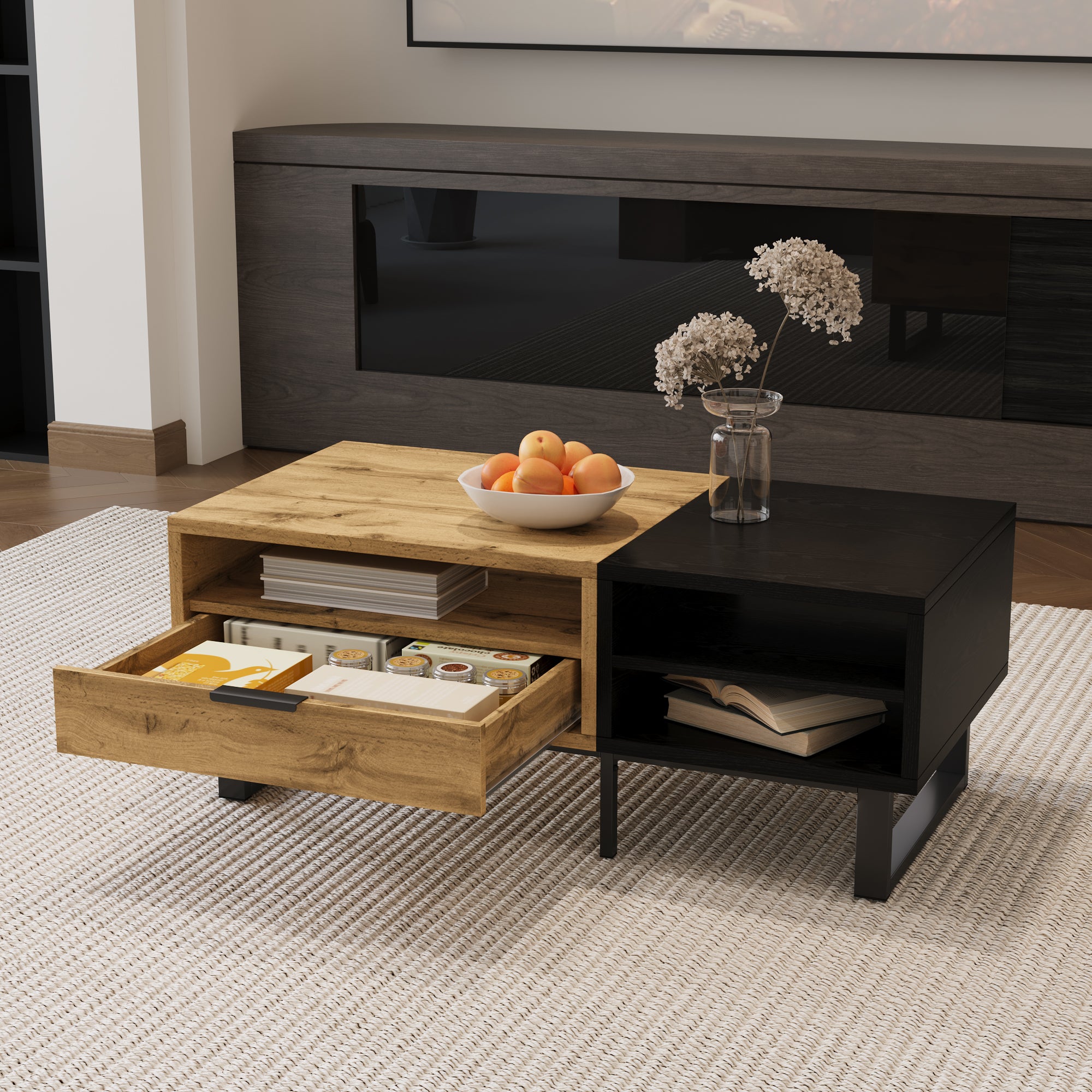 Table basse, table de salon avec structure color block, avec compartiments et tiroirs, pieds en métal. - 4
