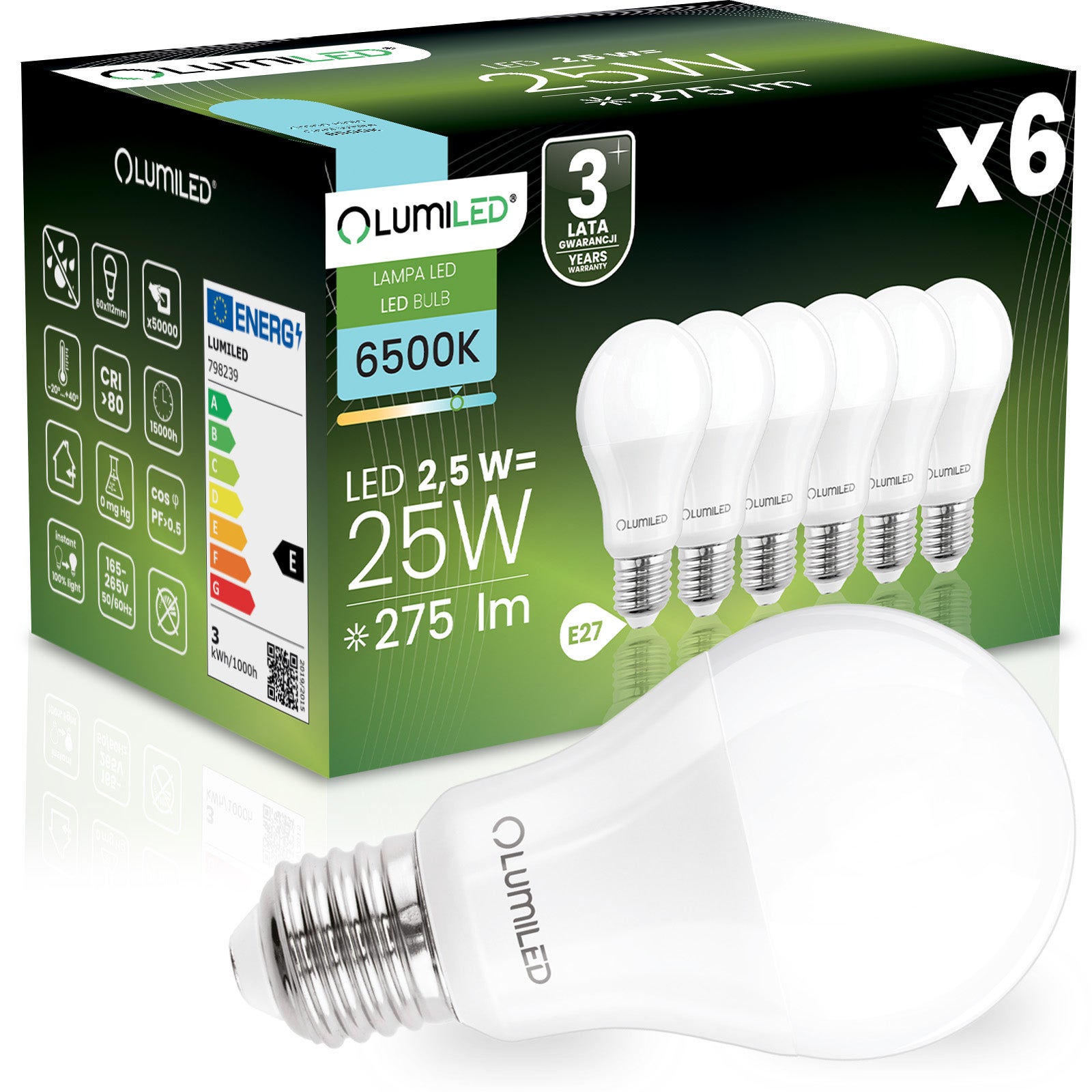 Żarówka LED Lumiled E27 A60 2.5W 275lm 6500K Zimna biel 260st 6 szt.