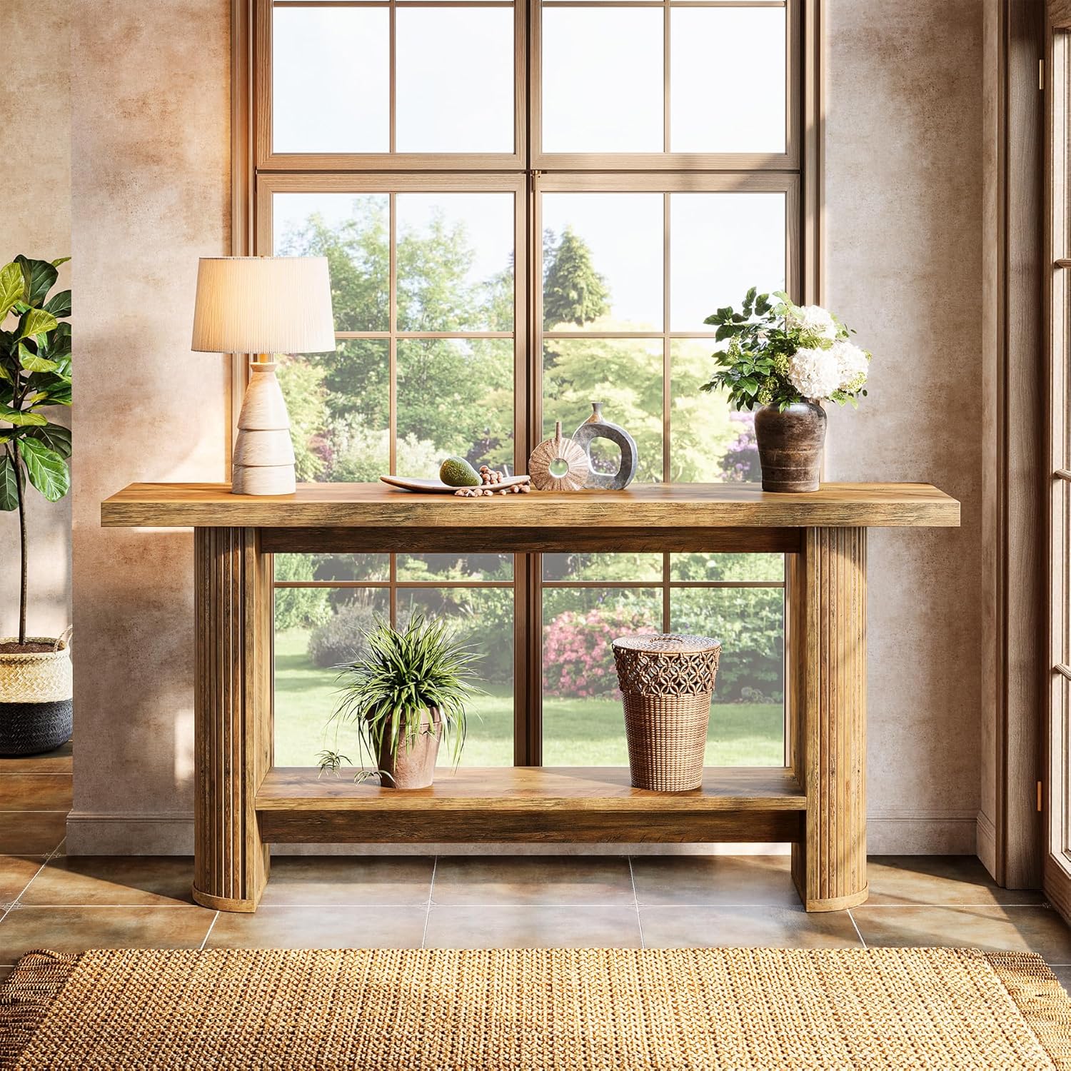 Tribesigns Console,table d'entrée/table de canapé étroite avec 2 étagères, 140 x 30 x 80 cm, en bois, marron - 3