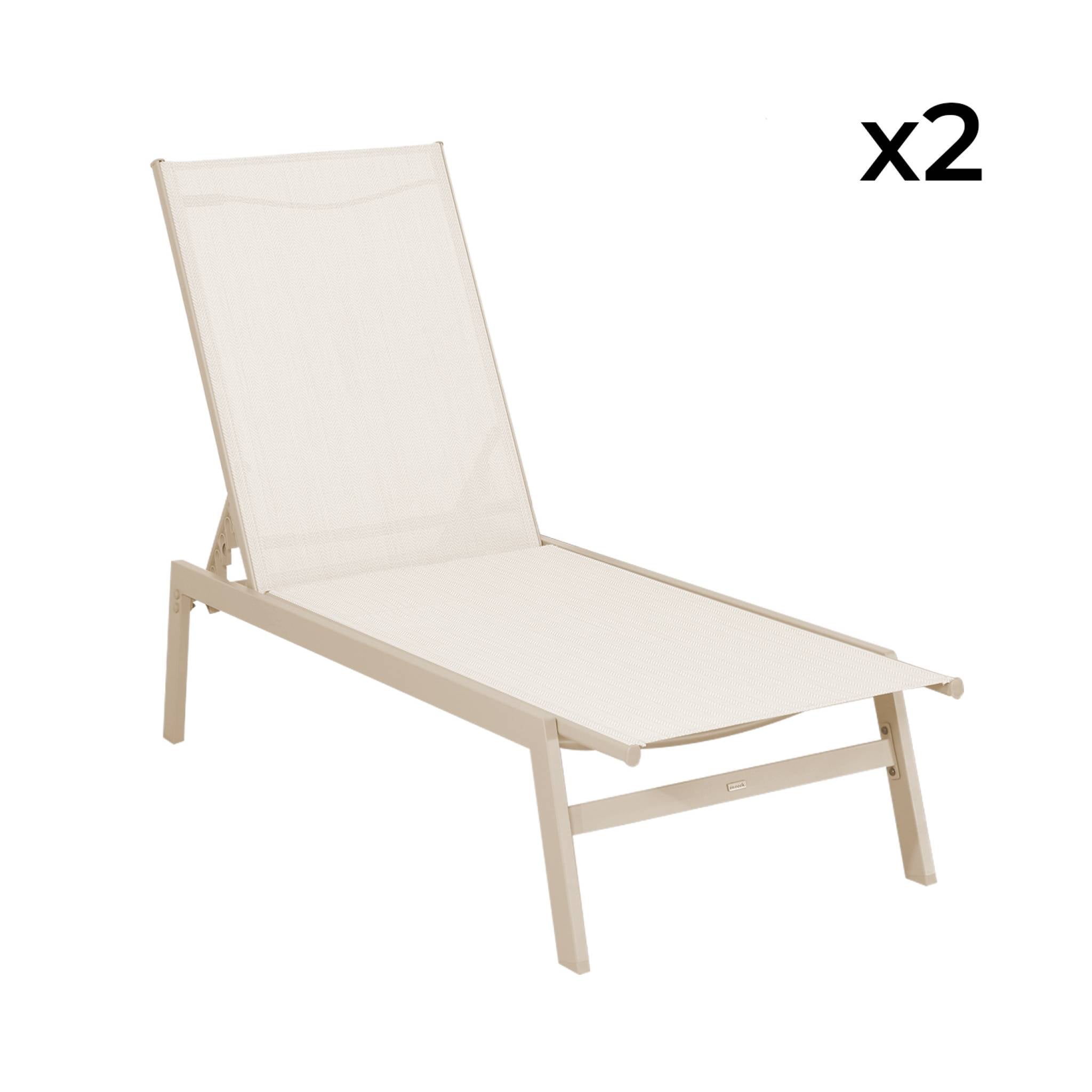 Lot de 2 transats beige. 5 positions. en textilène et métal. FLORA. L155 x P59 x H106cm FLORA - 3