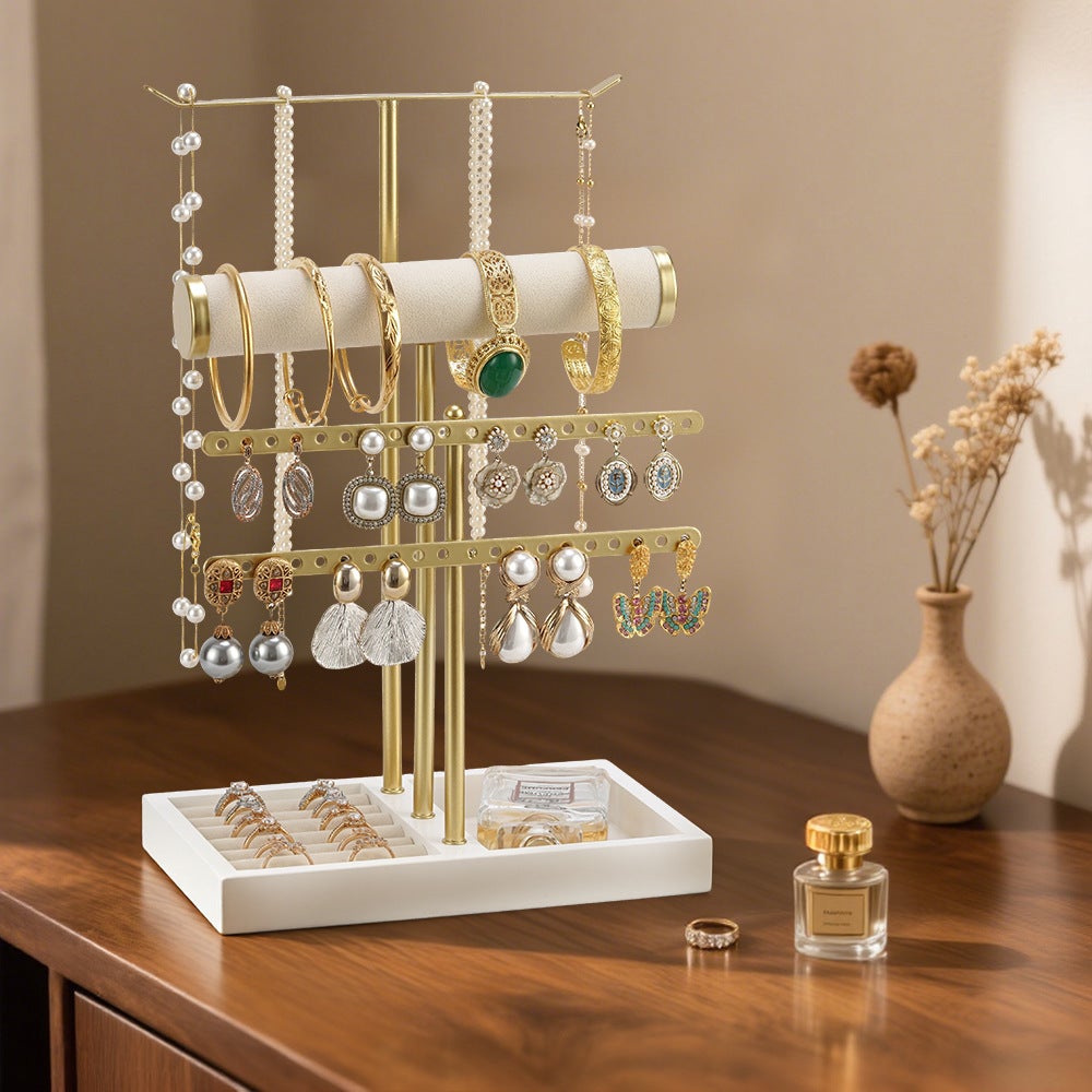 Présentoir bijoux 4 niveaux cascade doré - Organisation et vitrine pour colliers et bagues - 4