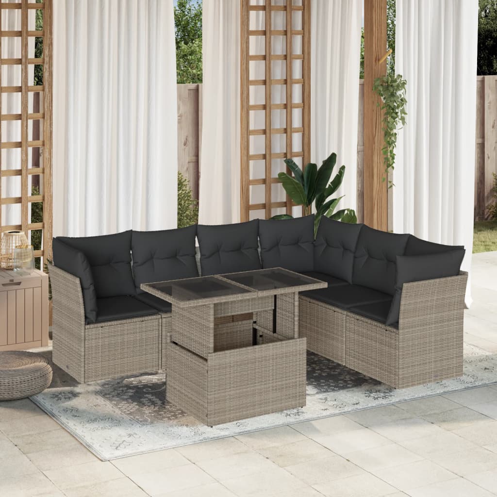 Salon De Jardin 6 Places VidaXL – Résine Tressée Gris Clair, Avec Coussins – 2 Canapés, 2 Sièges, 2 Poufs