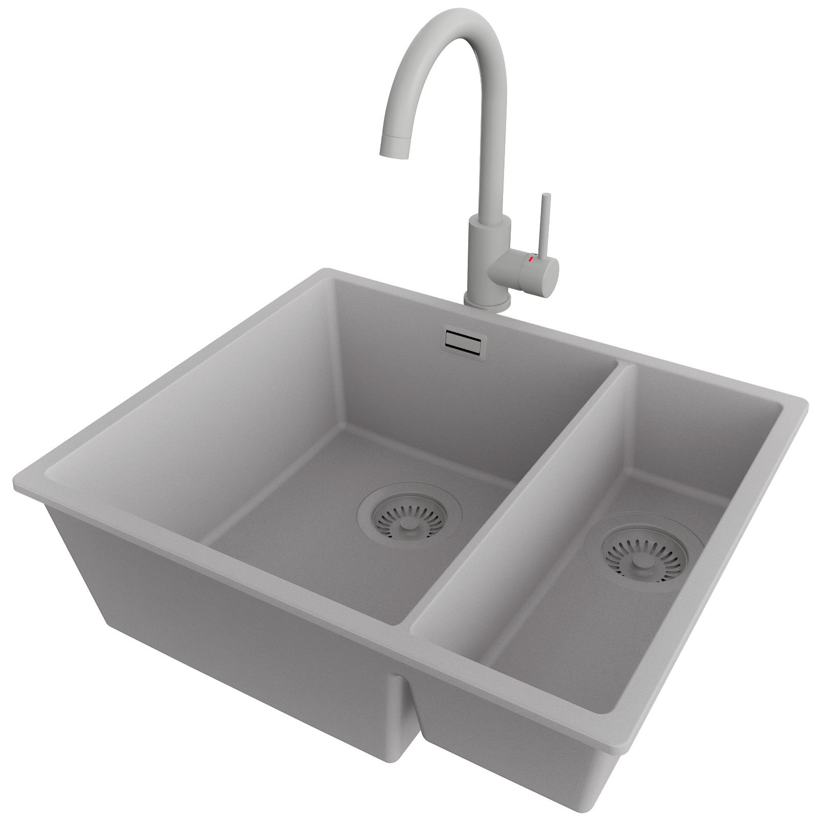 Zlewozmywak Granitowy Szary 56x47cm, Zlew Kuchenny 1,5 Komorowy + Bateria 32x20cm + Syfon, Nablatowy do szafki od 60cm - Londyn Slim Duo PRIMAGRAN
