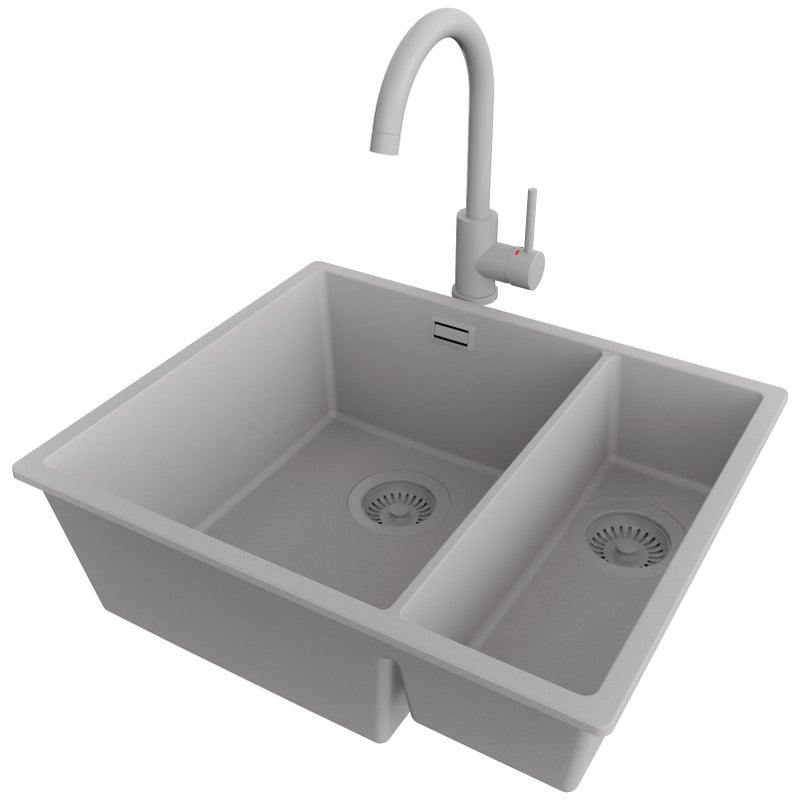 Zlewozmywak Granitowy Szary 56x47cm, Zlew Kuchenny 1,5 Komorowy + Bateria 32x20cm + Syfon, Nablatowy do szafki od 60cm - Londyn Slim Duo PRIMAGRAN