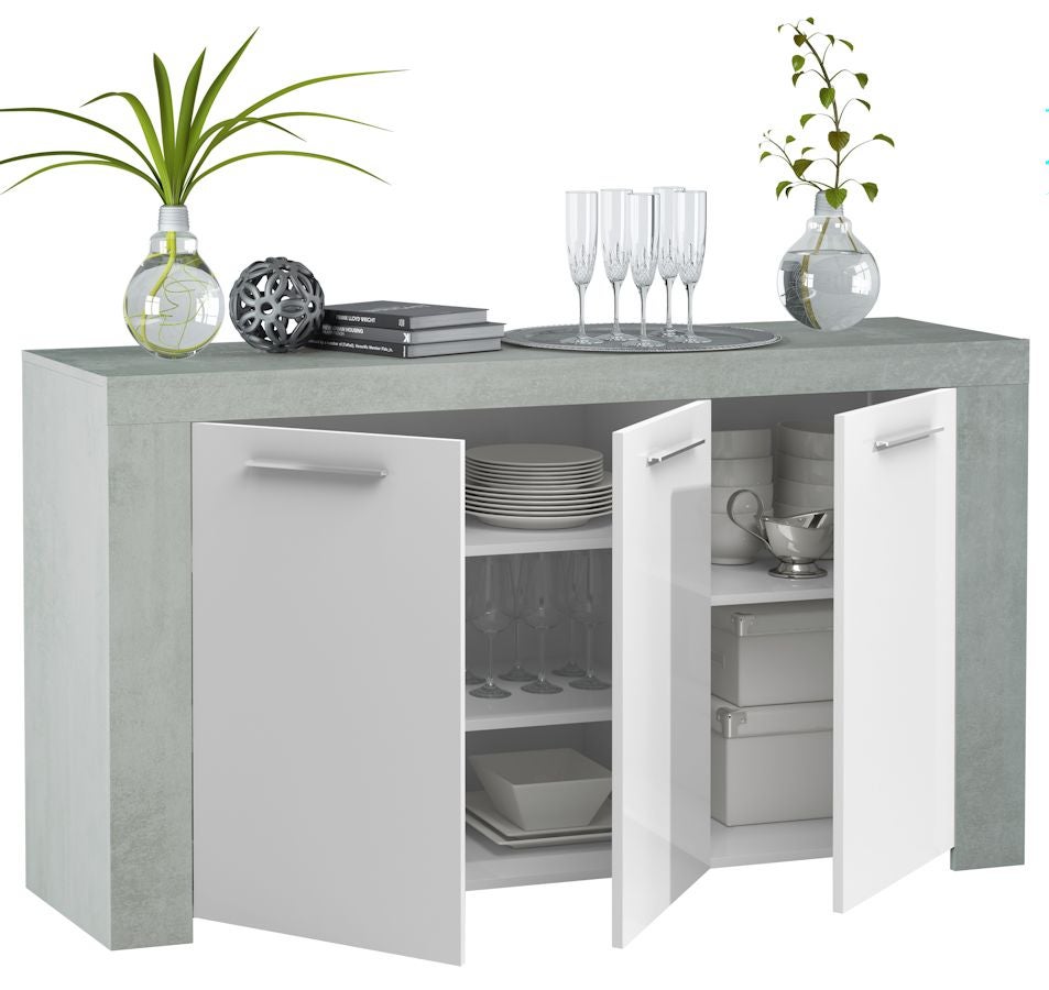 Buffet - AMBIT - Effet béton satiné / Blanc Artik - 3 portes - 2