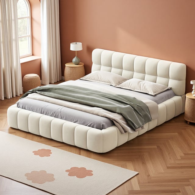 Lit 140x190 cm avec sommier à lattes, Style crémeux, tissu en lin, lit double, lit adulte, 140x190 cm, beige