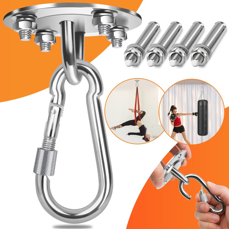 Crochet Plafond 500 Kg Acier Inoxydable – Fixation Hamac, Yoga, Sac De Frappe, Chaise Suspendue Avec Mousqueton & Vis